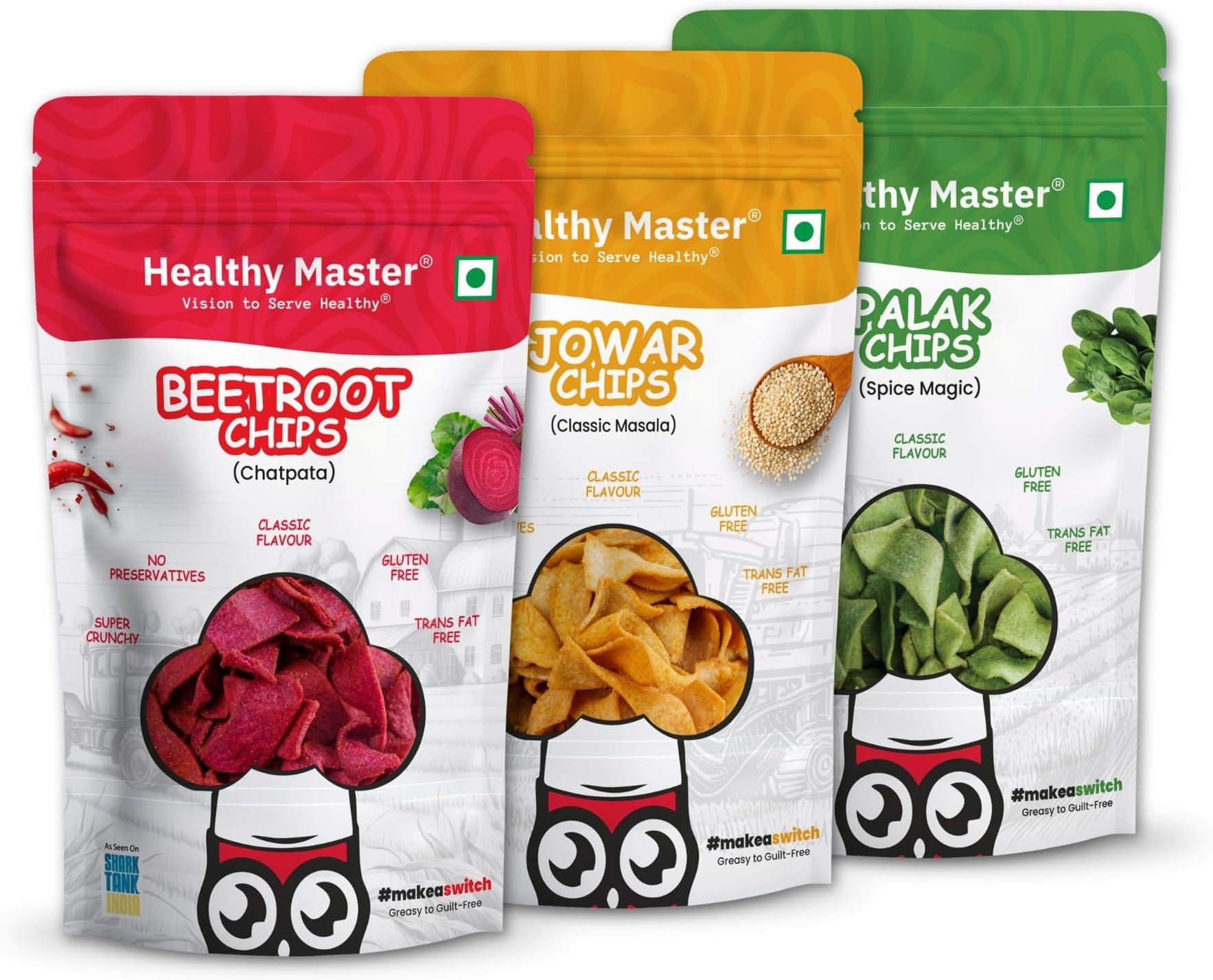 Healthy Master Chips Combo (Beetroot, Palak, Jowar) | Pack of 3 (100g each) | Light & Crispy Chips, high protein | Natural ingredients, Vegan, Gluten Free, No Palm Oil, No Artificial Preservatives, Trans Fat Free & Low Calorie