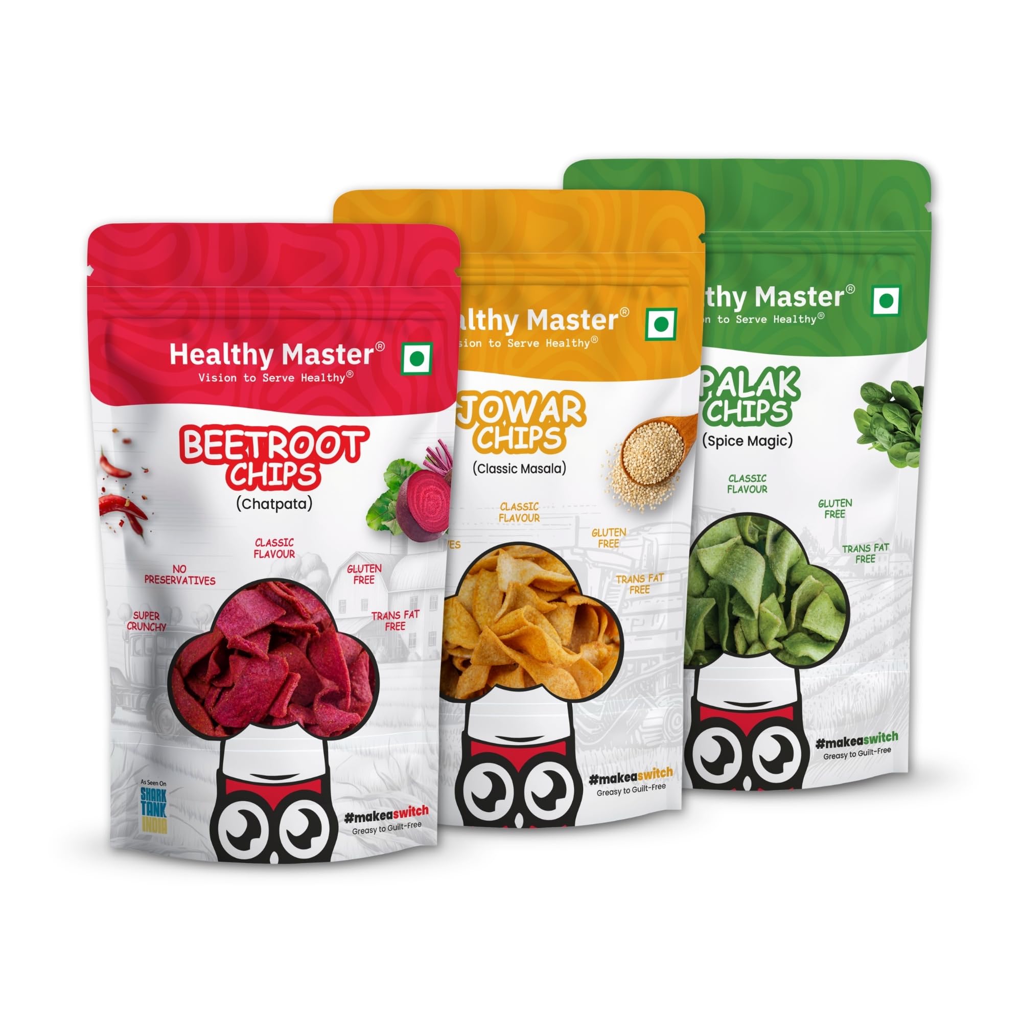 Healthy Master Chips Combo (Beetroot, Palak, Jowar) | Pack of 3 (100g each) | Light & Crispy Chips, high protein | Natural ingredients, Vegan, Gluten Free, No Palm Oil, No Artificial Preservatives, Trans Fat Free & Low Calorie