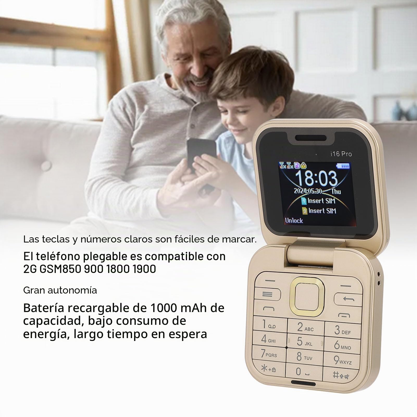 Dpofirs Teléfono con Tapa para Niños y Personas Mayores, Teléfono Celular con Tapa Desbloqueado 2G, Doble SIM, Botones Grandes, Linterna LED, Memoria 16 GB, Color Oro