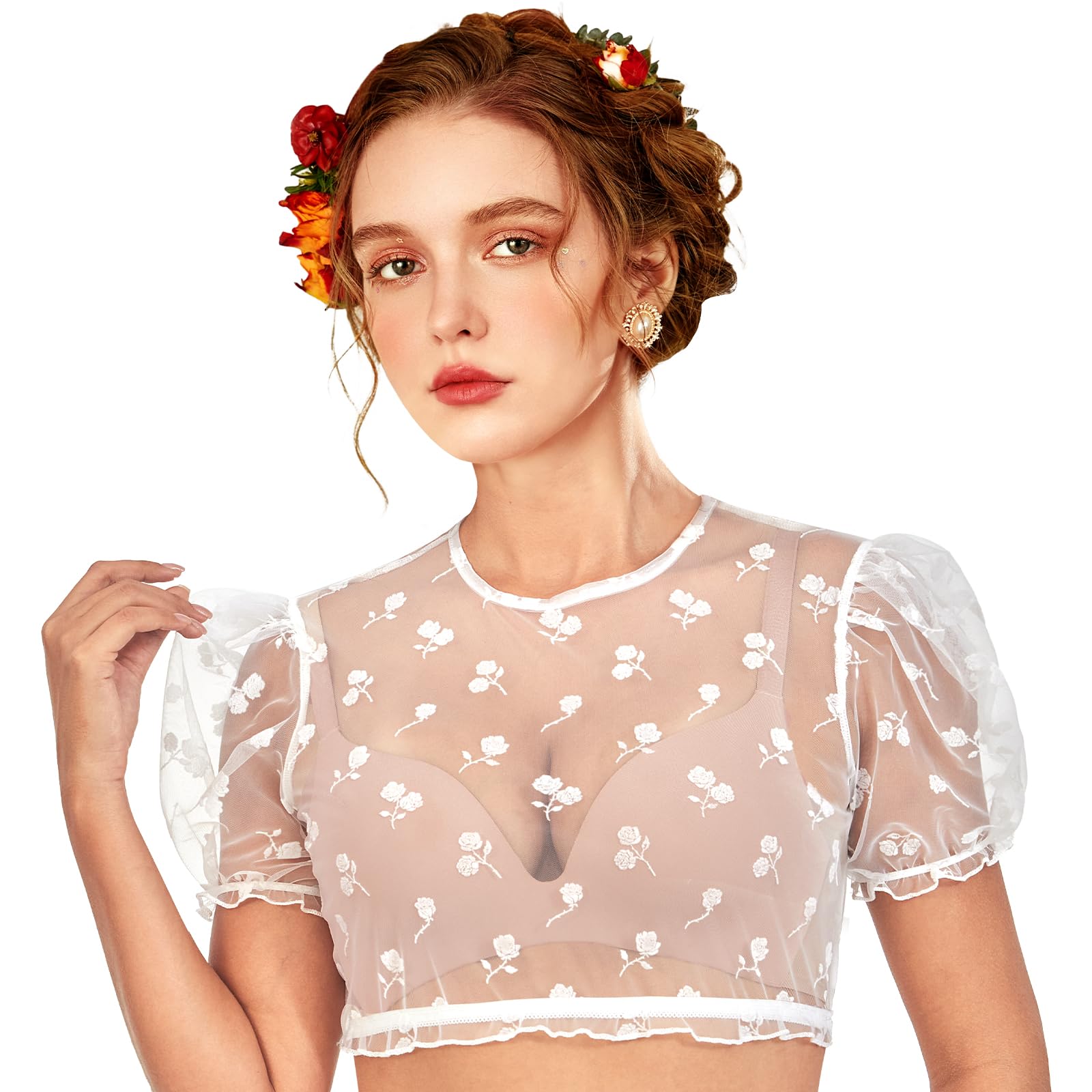 Growmax Dirndl Bluse Damen Rosenmuster Dirndlbluse Transparent Sexy Trachtenbluse mit Puffärmeln für Oktoberfest & Bayrische Tracht Weiß M