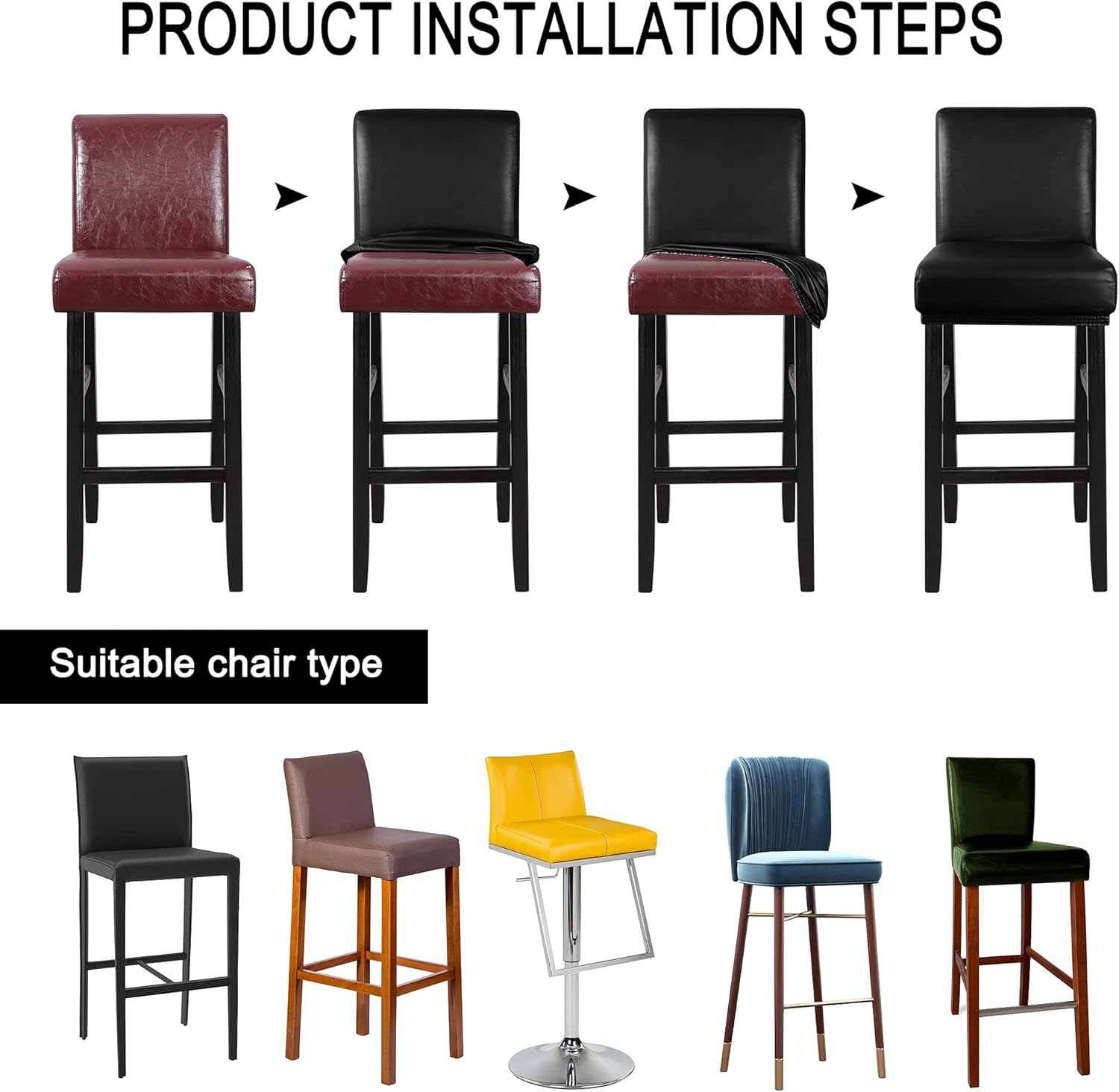 PiccoCasa Waterproof Bar Stool Covers, Faux Leather Pub Counter Height Side Chair Covers with Elastic Band Black 4Pcs