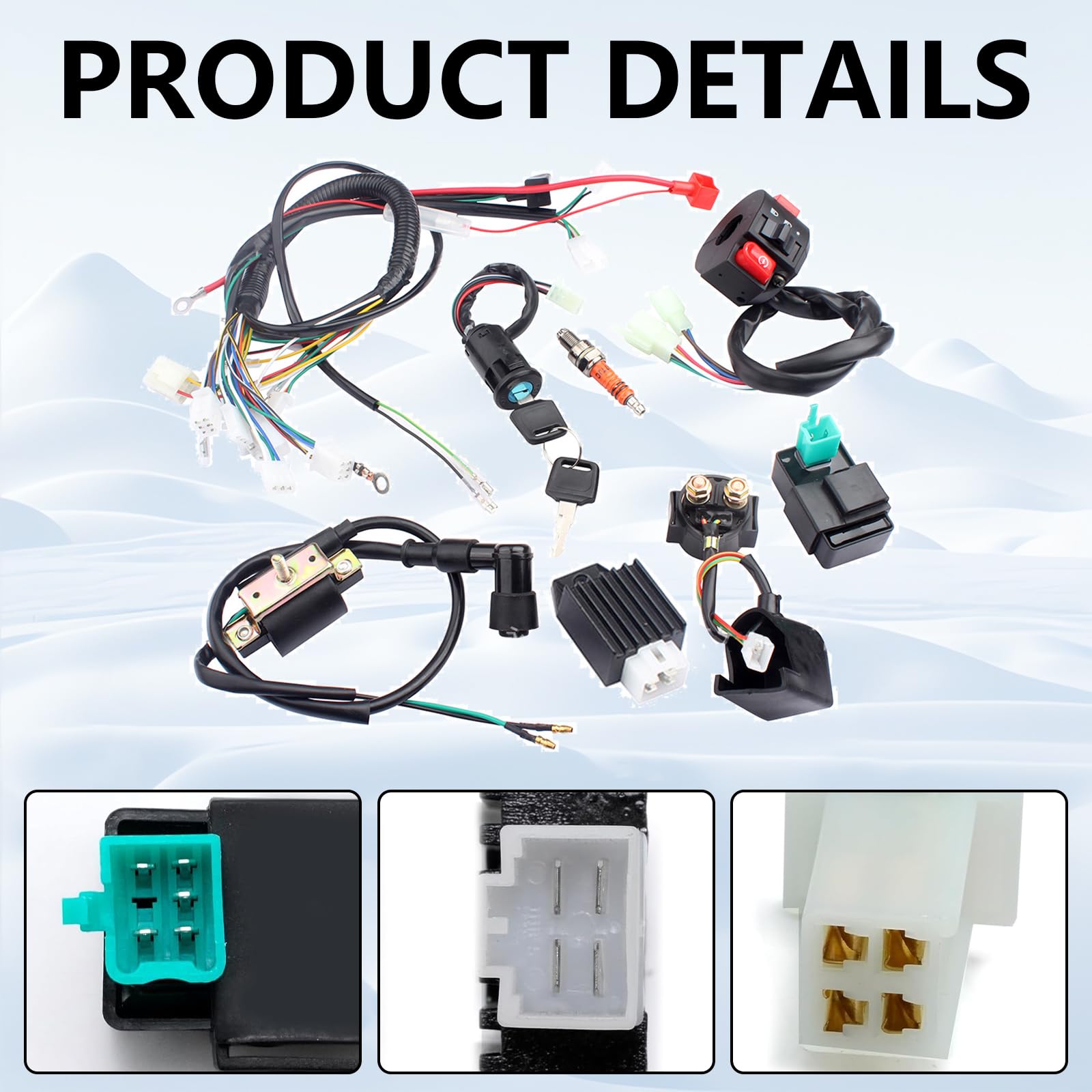Fascio Cavi ATV 50-125 cc, Kit Elettrico Completo CDI Bobina Accensione Blocchetto Chiave Relè Regolatore Interruttore Candela Ricambio Per Quad E Dirt Bike Facile Installazione
