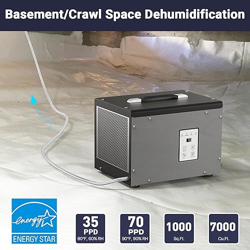 Miniatura 3 de BaseAire - Deshumidificador para toda la casa  Deshumidificadores comerciales de sótano de 70 pintas con bomba y manguera  Hasta 1000 pies