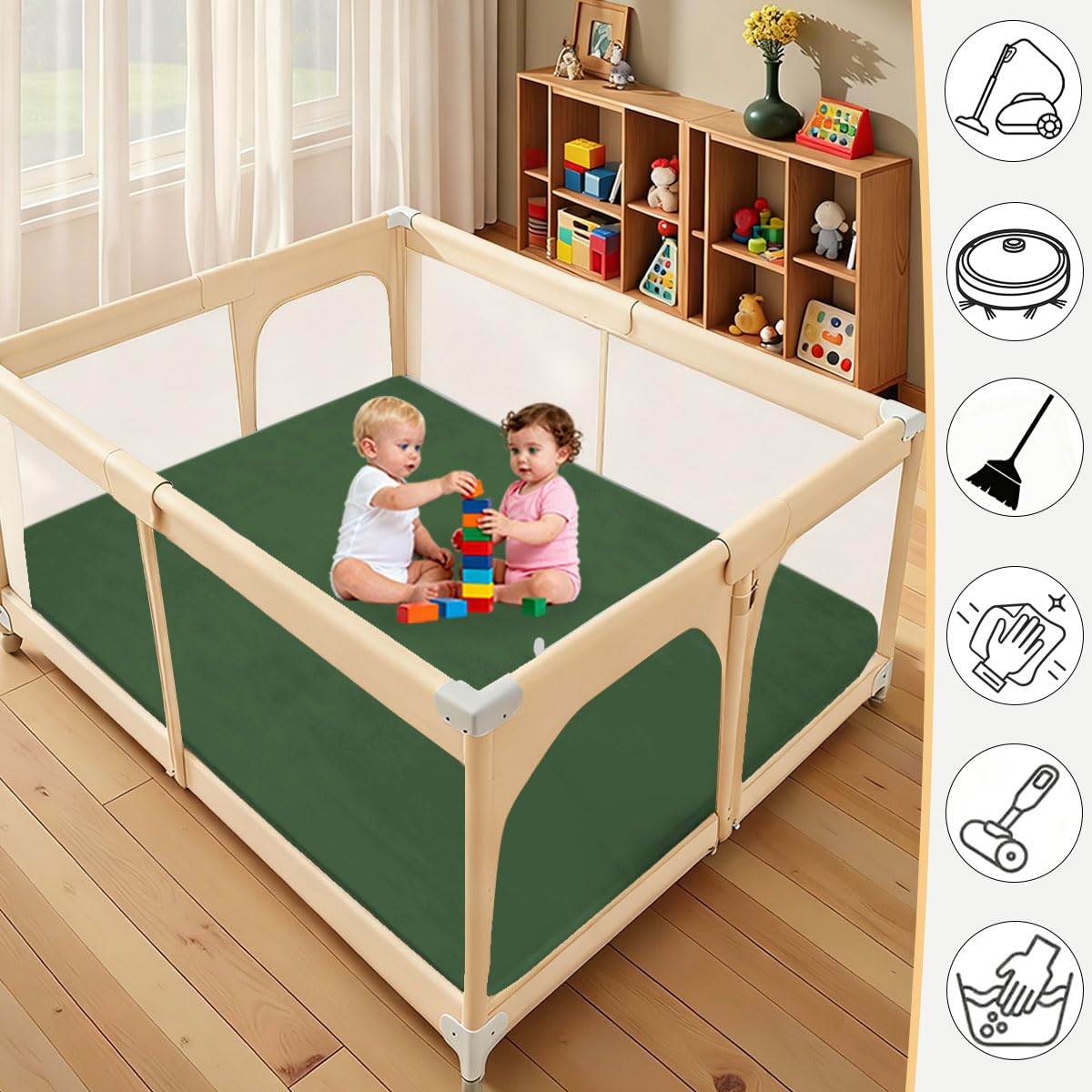 Tappeto Gioco Bambini Acolchado 3 cm Extra Spesso, Antiscivolo, Ideale per Pavimenti e Box Neonato, Palestra Neonati, Tappeto Tummy Time Neonati 100 x 220 cm Verde Oliva