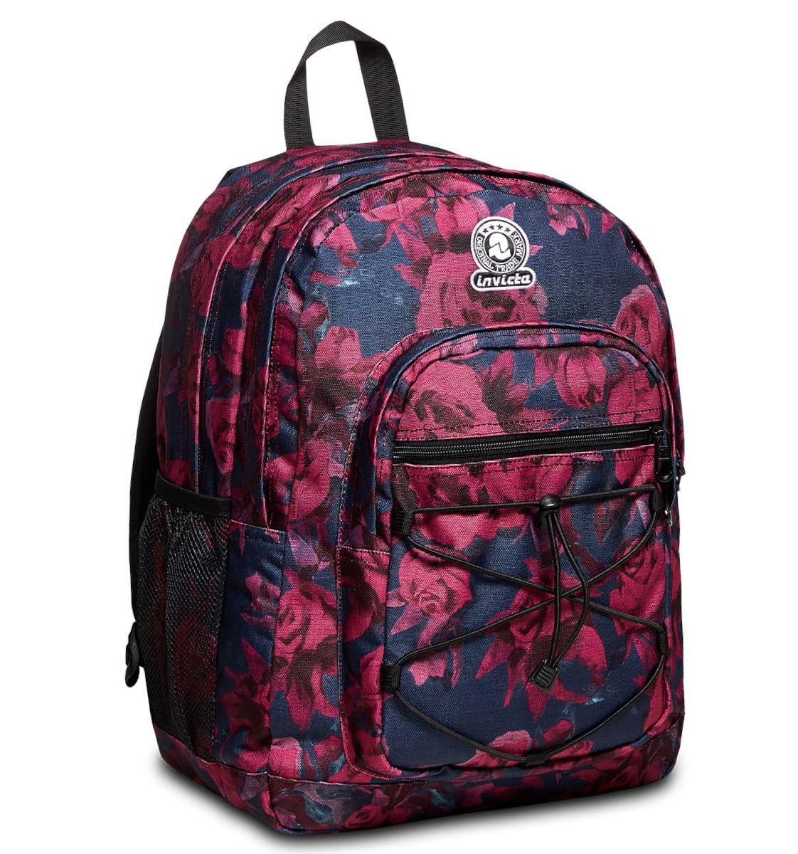 Invicta Schulranzen DIAL ROSES FANTASY mit Trinkflaschenfach, Extra Platz - 38 LT - Unisex, für Sport und Freizeit, italienisches Design, Geräumige Schultasche für Teenager schwarz/rosa Blumenmuster