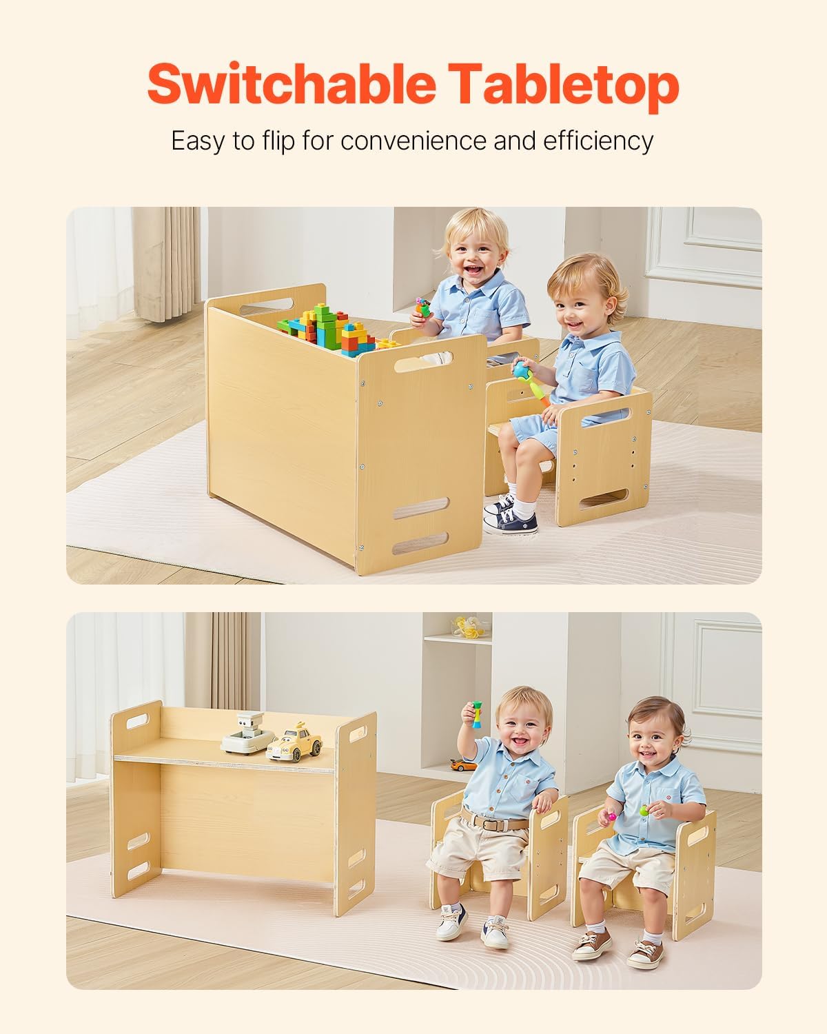 VEVOR Montessori Weaning Table and Chair Set, Wooden Toddler Table and Chair Set with 2 Chairs, Adjustable Height Montessori Chair and Activity Table, Ideal for Reading, Eating, Playing - Natural