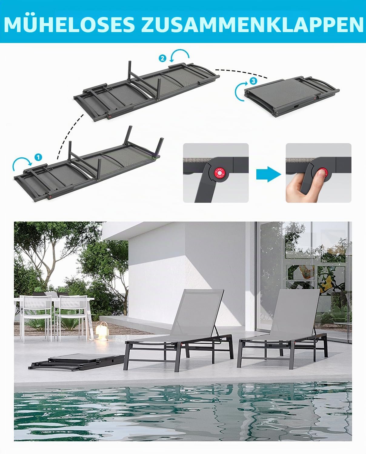 Aluminium Chaise Lounge Chair Outdoor, faltbar Patio Lounge Chair Assemble-Free, Pool Lounge Chairs mit 5 verstellbaren Rückenlehnen