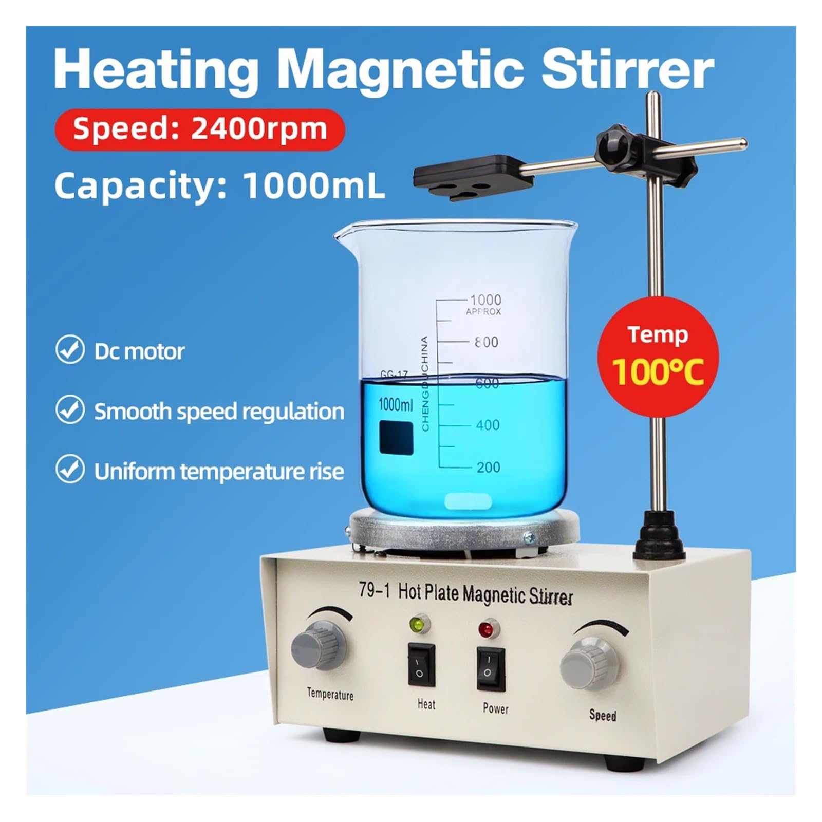 Agitador magnético de calefacción 79-1, agitador de Laboratorio con Placa Caliente de 1L, Mezclador magnético de calefacción con Barra agitadora, Equipo de Laboratorio de 1L y 2400rpm