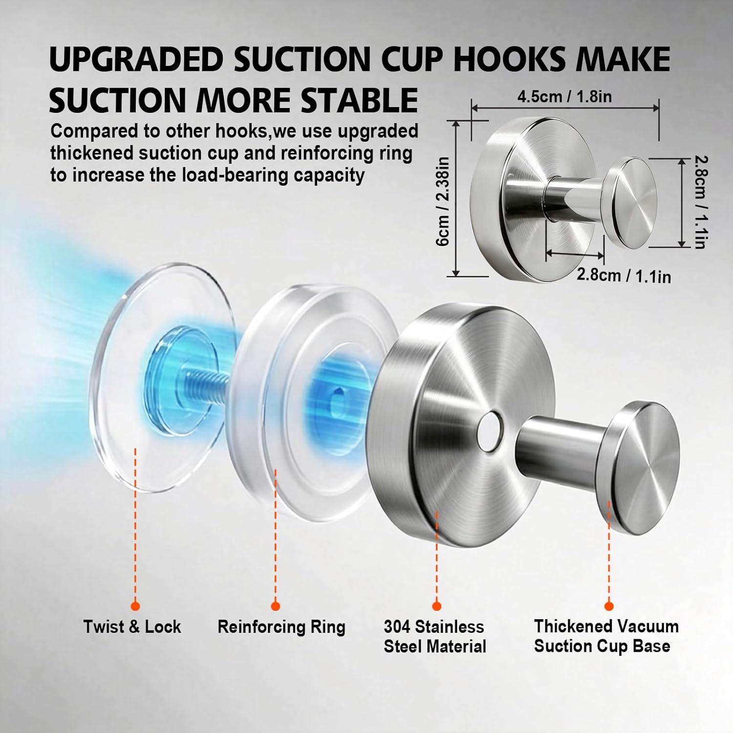 Heavy Duty Round Suction Cup Hooks for Shower Bathroom No Drill Glass Wall Hooks Reusable Towel Robe Holder and Christmas Wreath Hanger Silver 4 Pack