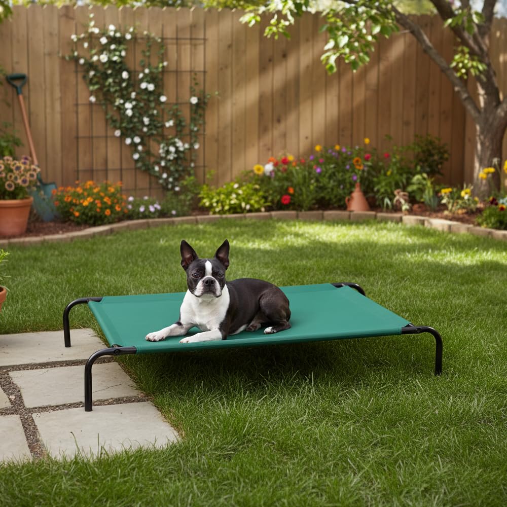 Amazon Basics Per Cani, Lettino rialzato rinfrescante per animali domestici, Stoffa, Verde, Misura L, L 130 x P 80 x H 19 cm