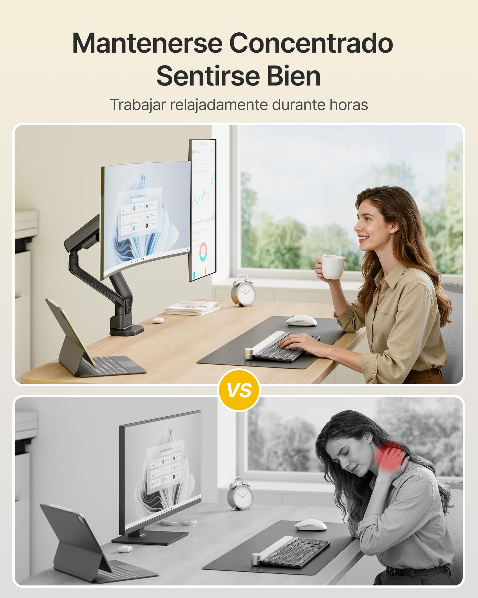 monTEK Brazo Monitor Doble 17-35", Soporte Escritorio con Resorte | Mecánico Resistente, Máx 12kg por Brazo, VESA 75/100mm, Ajustable, Giratorio e Inclinable, Montaje Pinza y Ojal