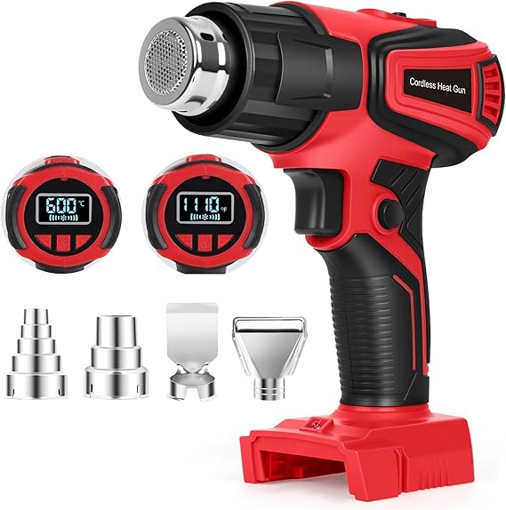 Cordless Heat Gun Compatible with Milwaukee M18 Battery, Fast Heating Variable Temp (122°F~1112°F) Hot Gun LCD Display and 4 Nozzle for for Crafting, Vinyl Wrap, Shrink Tubing, Resin, DIY(No Battery)