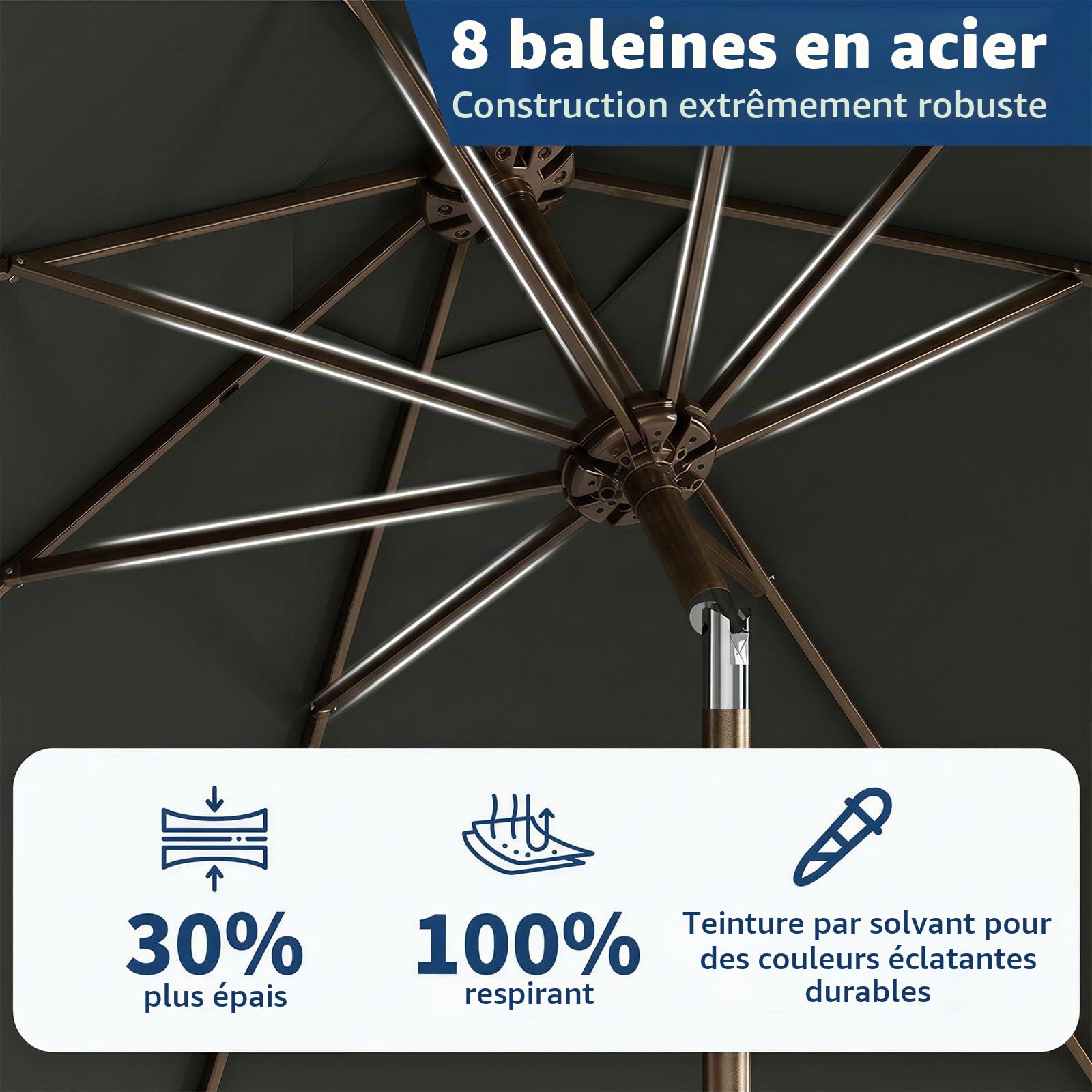 Parasol de 270 cm avec manivelle et fonction d'inclinaison, résistant aux UV50+, résistant à l'eau, avec 8 baleines, pour jardin, terrasse, balcon et piscine