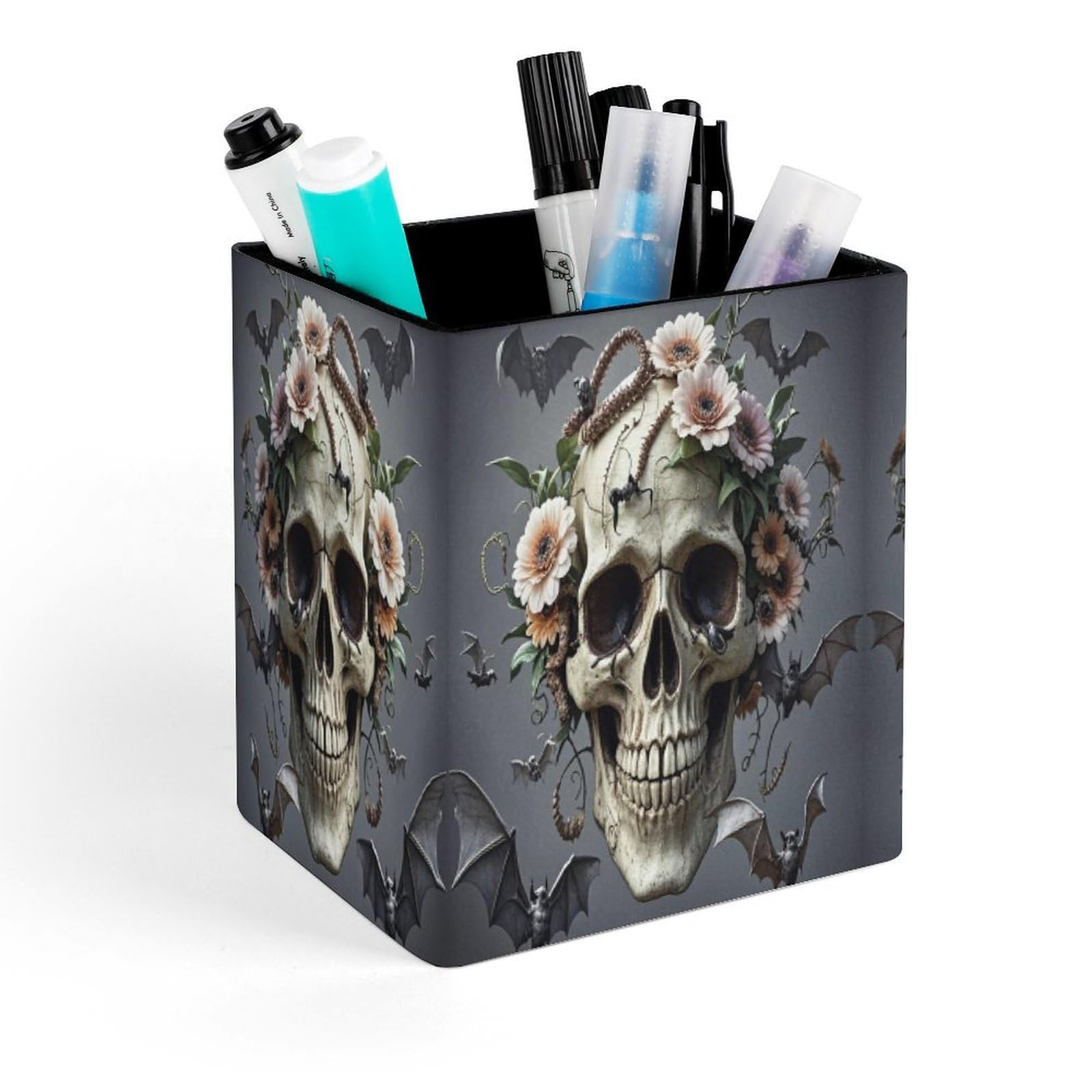 FekiLoot Skull Flower Pencil Holder for Desk Square Leather Pen Holder Cup Desktop Organizer Multi-Functional Pencil Cup Holders Modern Decorative Desk Organizer Caddy Makeup Brush Holders