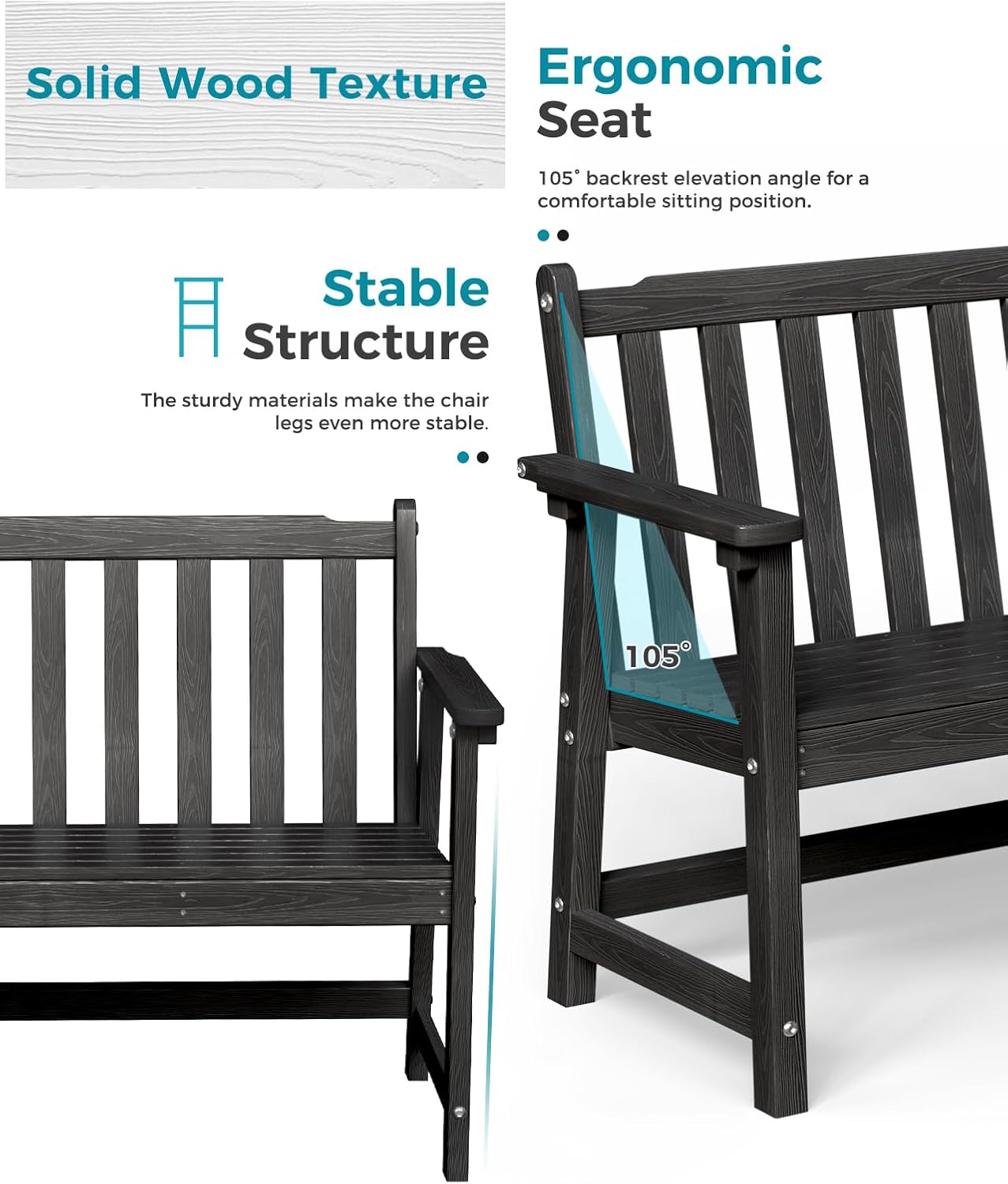 Outdoor Bench, 2-Person HDPE Garden Bench, All Weather Poly Patio Bench for Outdoors, Garden, Backyard, Porch and Park, 550 lbs Weight Capacity, Black