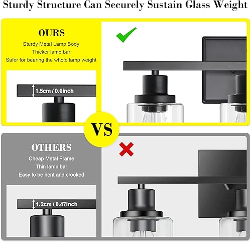 Miniatura 2 de Ascher Lámparas de tocador de baño, 3 lámparas de pared con pantalla de cristal transparente, luces de pared negras para espejo, cocina, sala de