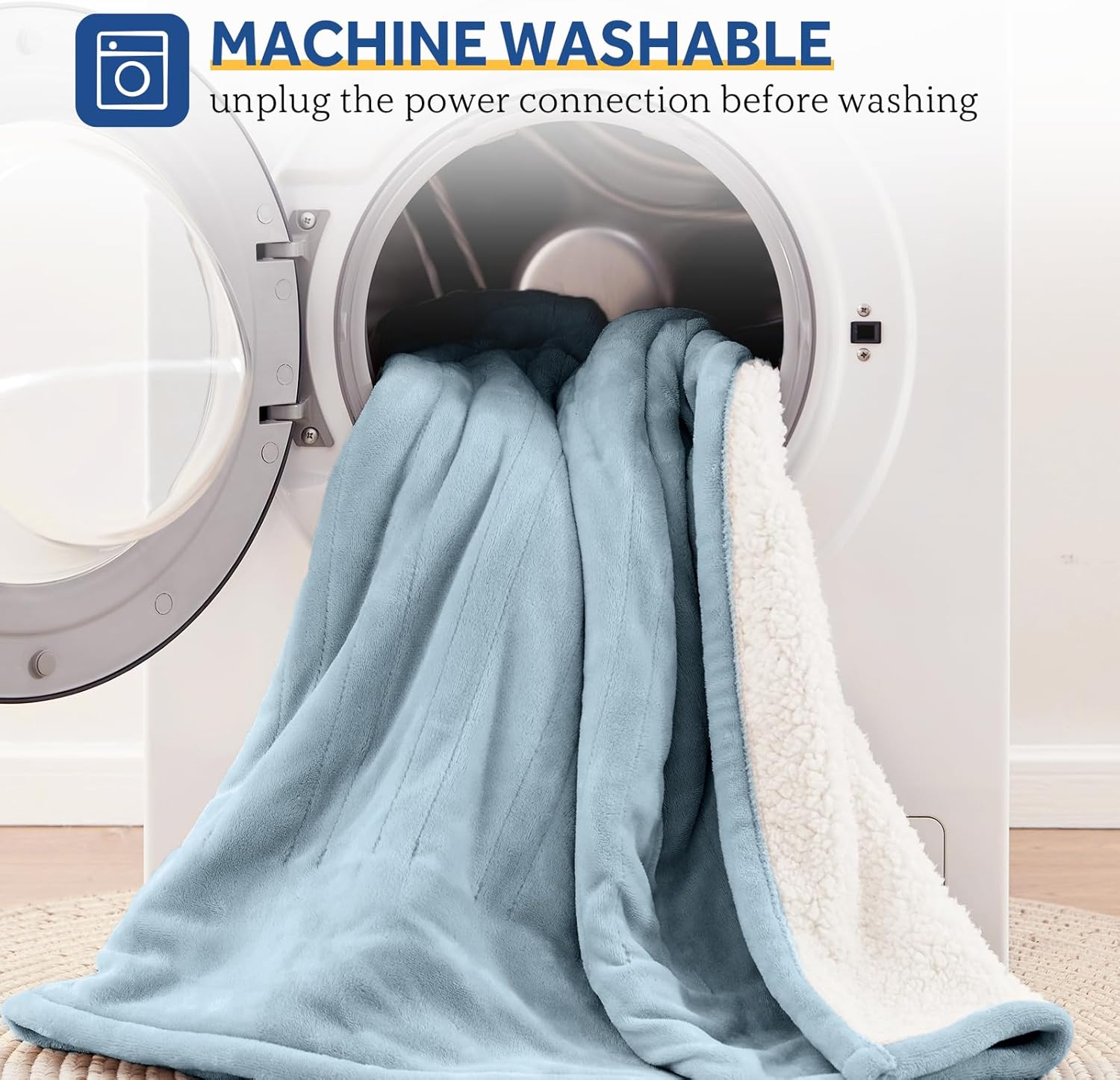 Sealy Electric Blanket Wearable with Foot Pocket, Electric Snuggle Blanket with Sleeves, Flannel & Sherpa Heating Throw with 6 Heat Settings & 2-10 Hours Auto Shut Off, 50 * 70"+18", Light Blue - Image 7