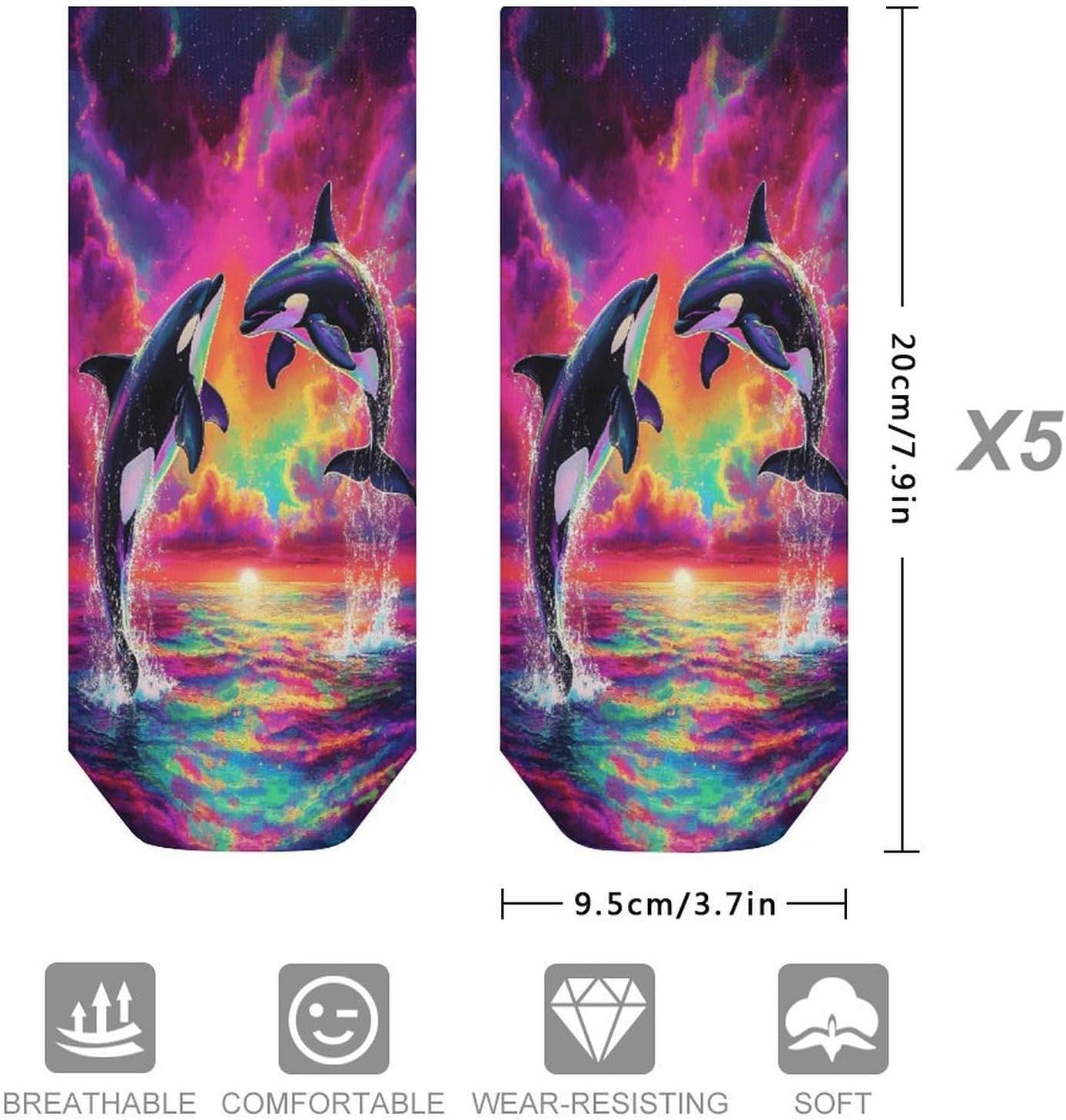 Orca Killer Whale 5 Pairs Low Cut Ankle Socks Casual Liner Sock No Show Invisible Socks for Men Women