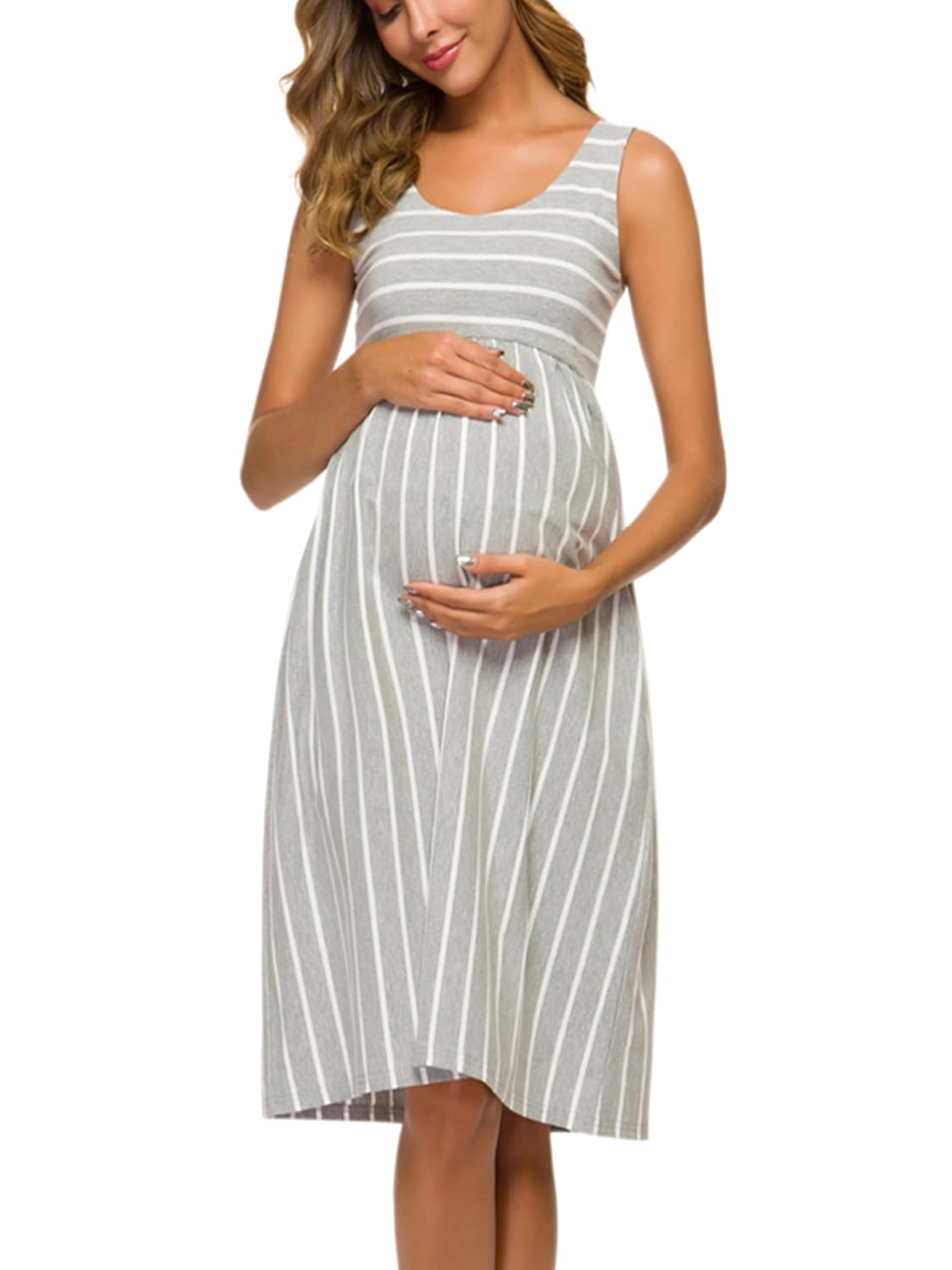 Ecavus Womens Maternity Tank Dress Stripe Color Block Sleeveless Knee Length for Baby Shower