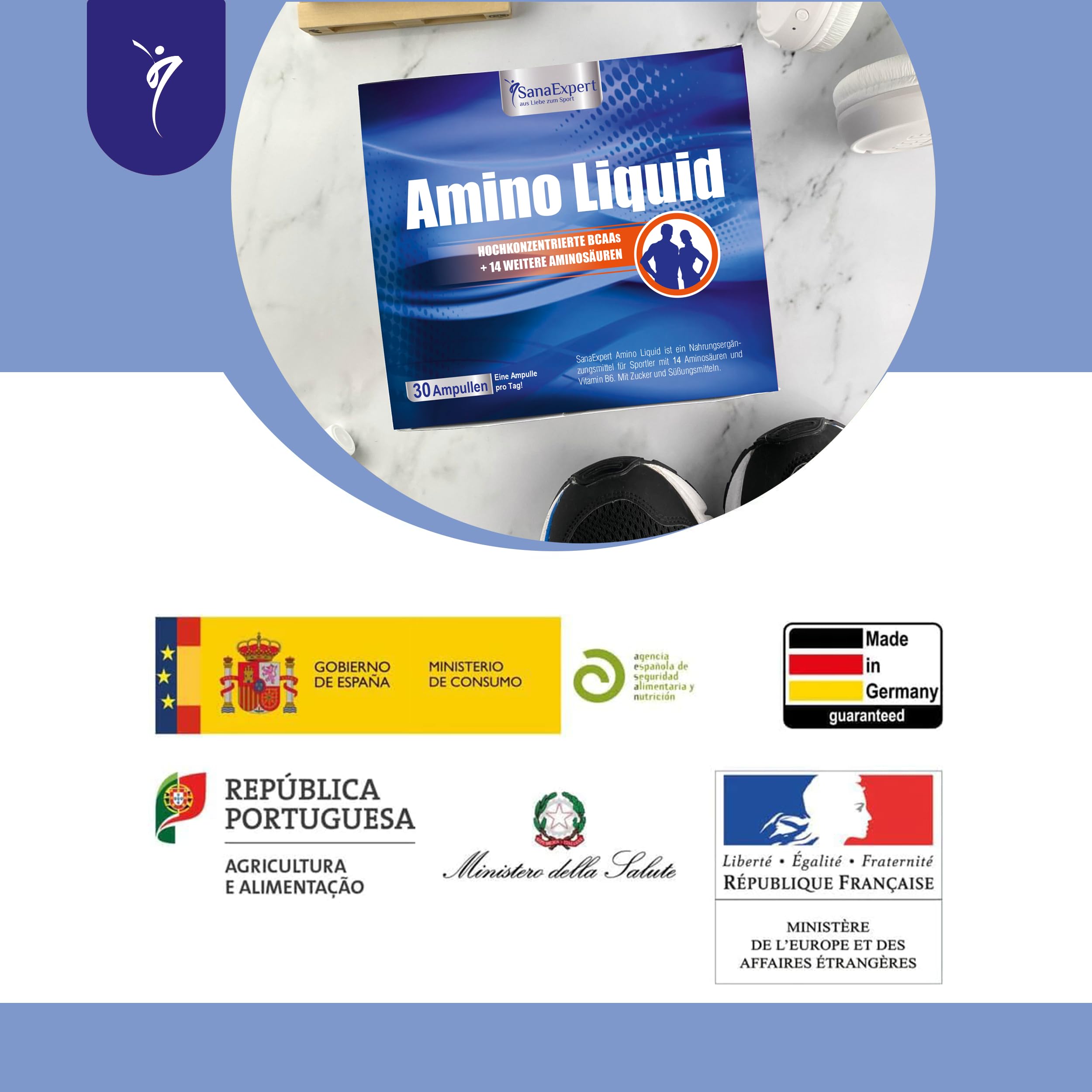 SanaExpert® Amino Liquid - Hochdosiertes Aminosäuren-Konzentrat mit BCAAs & Vitamin B6-30 Trinkampullen à 25 ml - Flüssige Form - Made in Germany