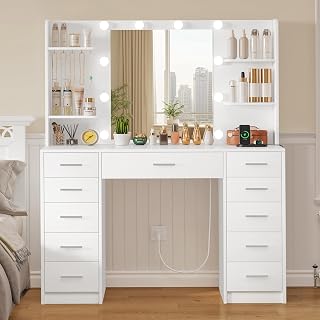TEENFON Makeup Vanity with 11 Drawers, Vanity Desk with Mirror and Lights, 6 Shelves, 5 Jewel Hooks, Vanity Table with Power Strip for Bedroom, Livinng Room, White