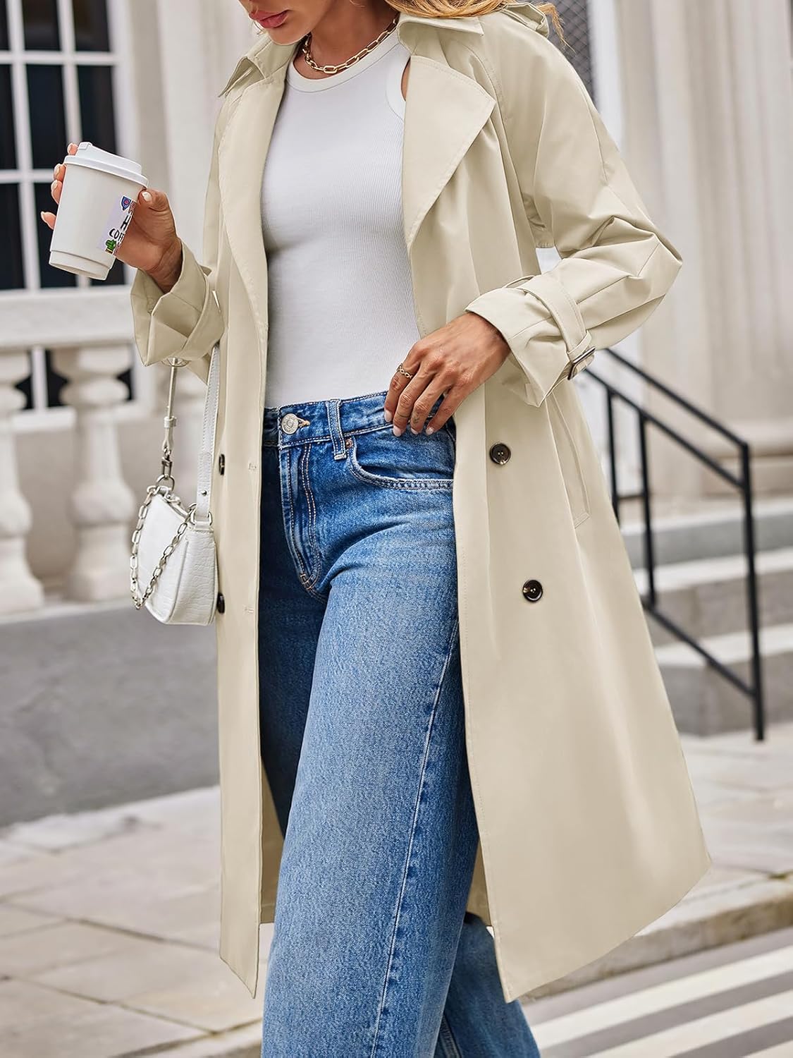 Tankaneo Womens Long Trench Coat Double Breasted Notch Lapel Lightweight Oversized Windproof Fall Overcoat with Belt - Image 3