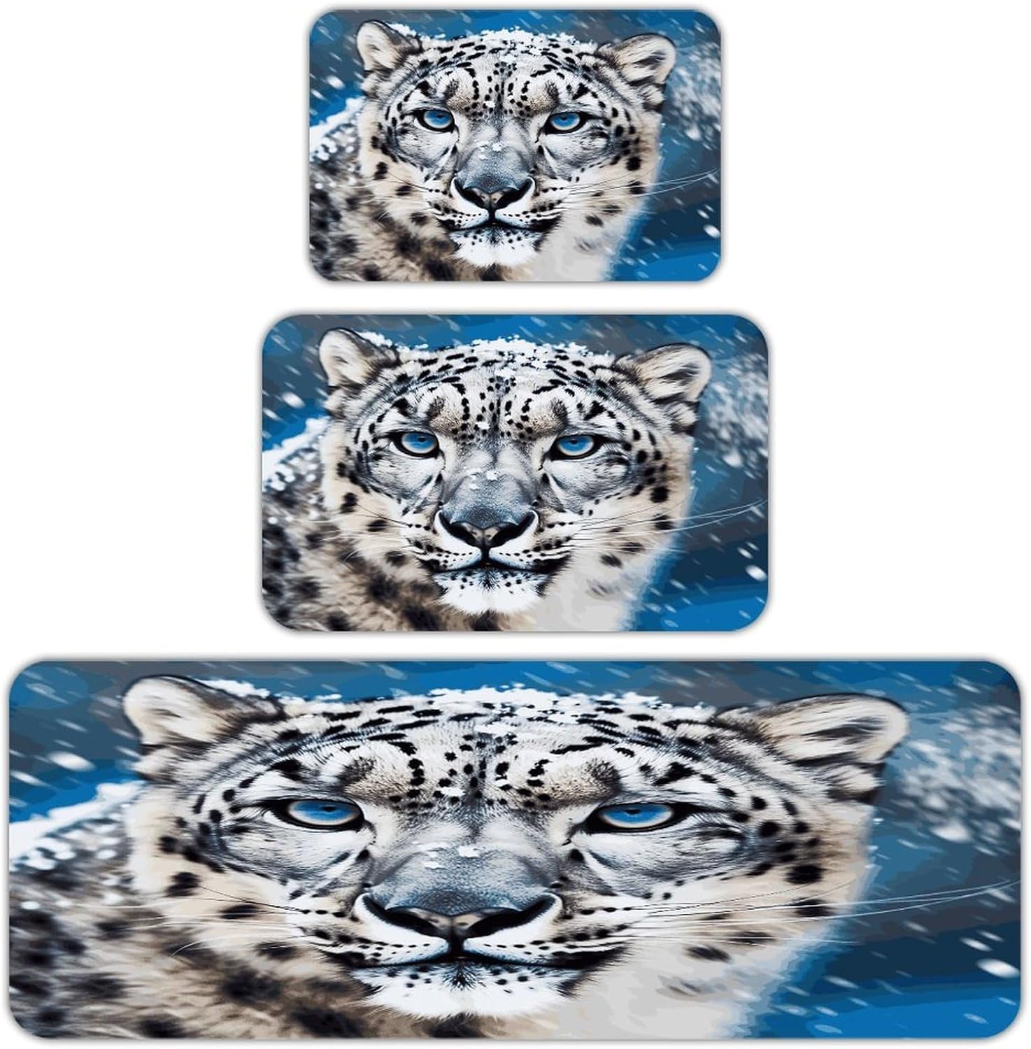 Blue Eyed Snow Leopard 3-Piece Kitchen Rug Indoor Door Mat | Non-Slip Kitchen Mat for Profile Absorbent, Moisture-Wicking and Breathable for Bathroom Laundry Room Bedroom Home Decor