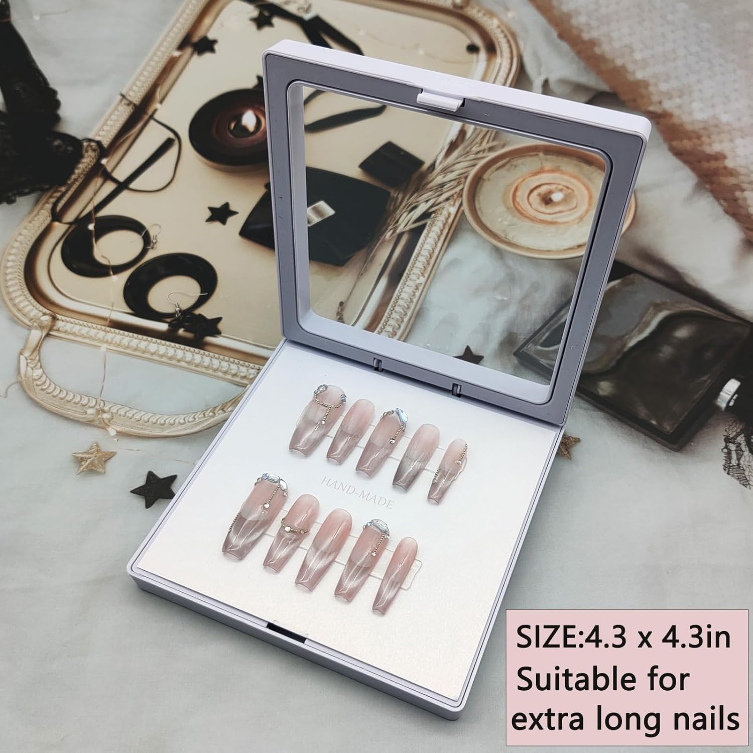 Press On Nail Packaging Boxes - 3D Floating Storage and Display Box With 60pcs Double Sided Adhesive Tape for Nail Tech (White, 4.3 Inch) image 2