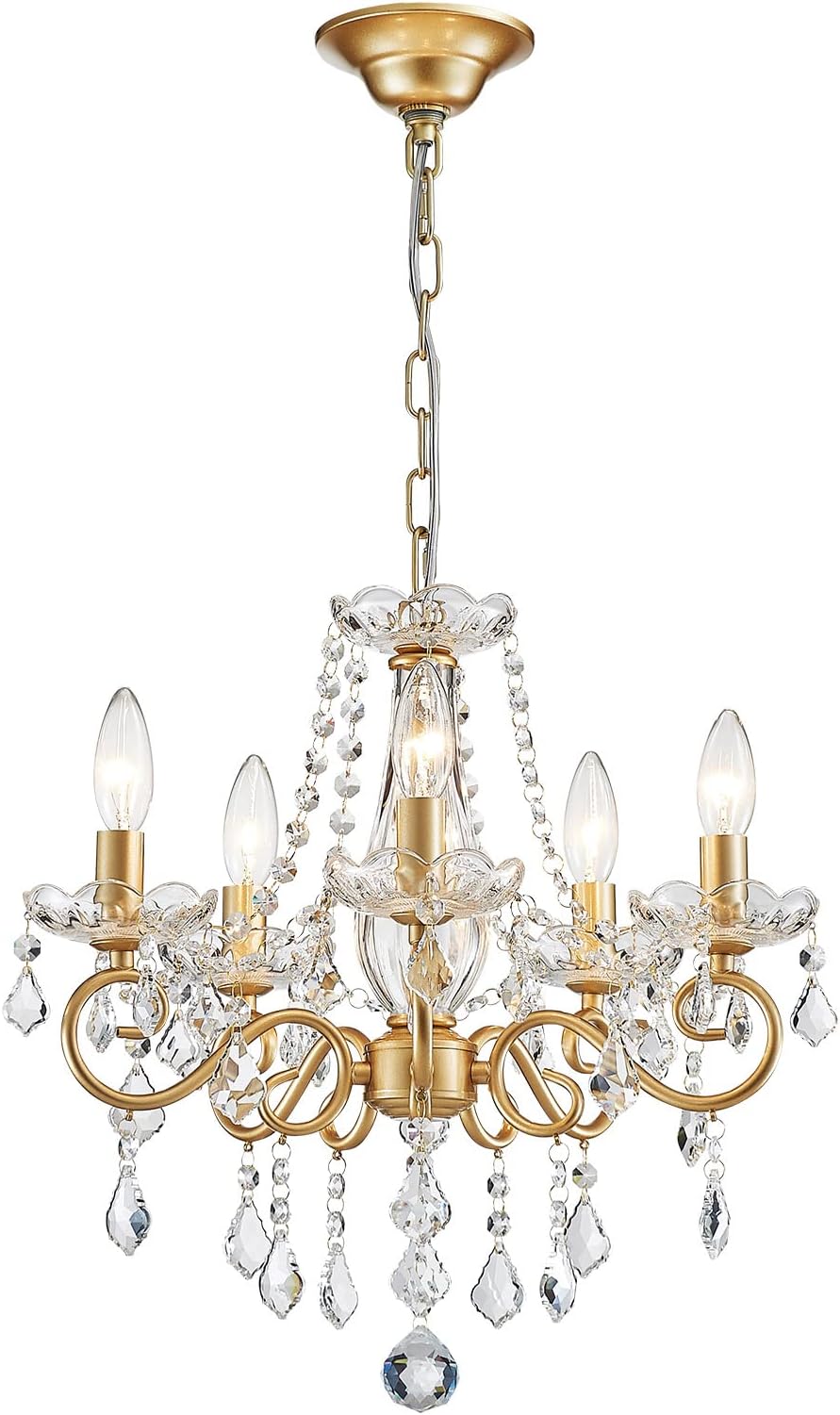 ANJIADENGSHI Mini Crystal Chandelier K9 Crystal Gold Chandelier for Living Room Bedroom Dining Room Kitchen Island Entryway 5 E12 Bulbs High 16.5 in x Diameter 16.9 in, Golden
