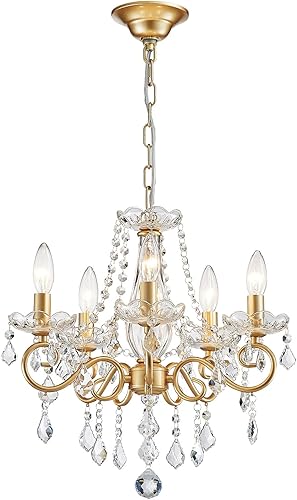 ANJIADENGSHI Mini candelabro de cristal K9 dorado para sala de estar, dormitorio, comedor, isla de cocina, 5 bombillas E12 de alto 16.5 pulgadas de