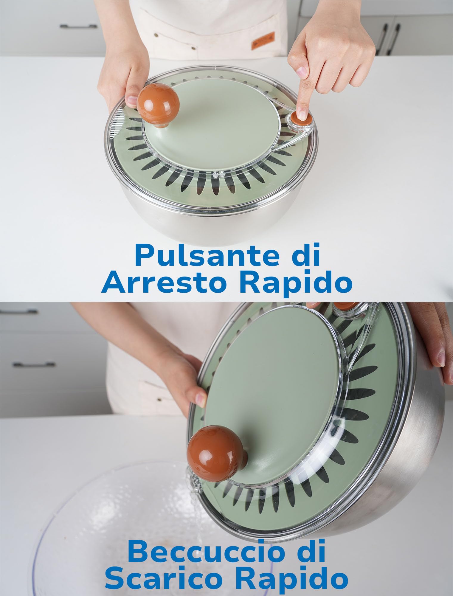 Lunememo Centrifuga per Insalata in Acciaio Inox 18/10, Centrifuga per Lattuga con Scarico, Base Antiscivolo, Pulsante di Arresto, Asciugatrice per Verdure, Senza BPA, 5L
