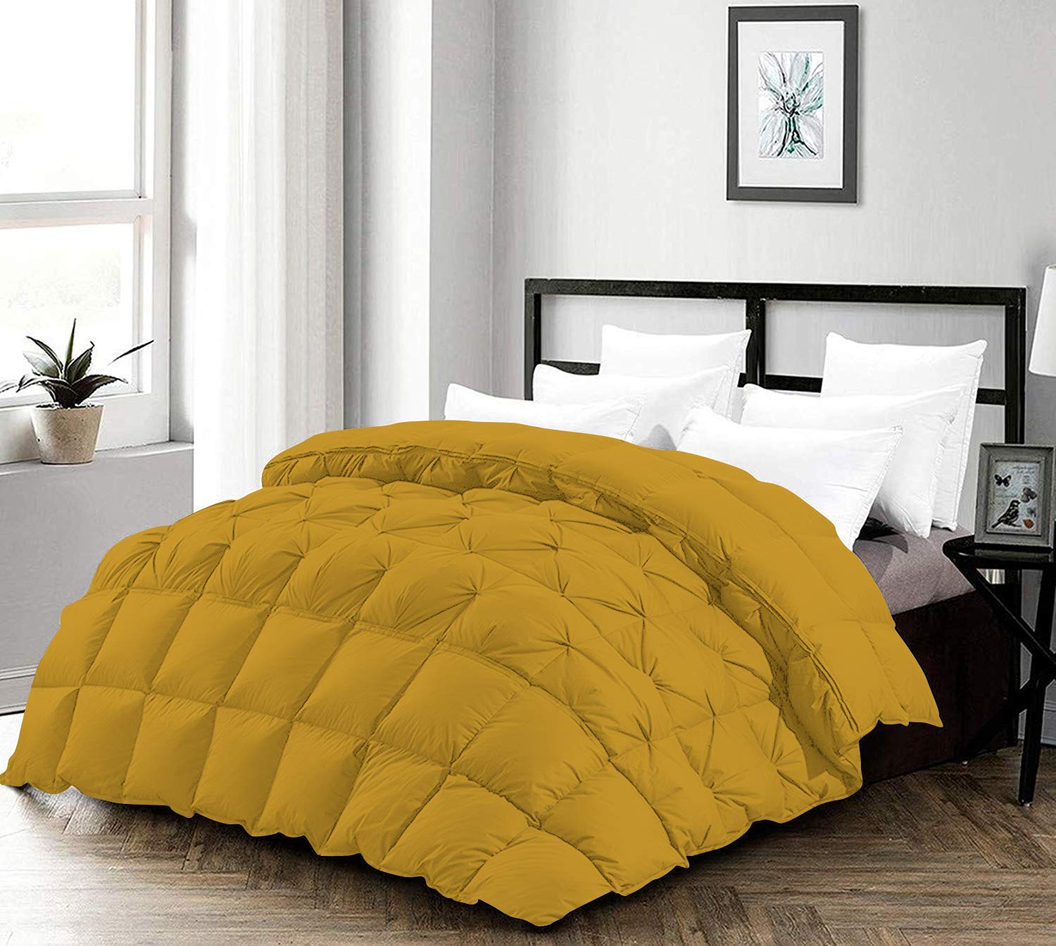 1 Piece Half Pinch Pleated Comforter 100% Organic Cotton Premium Baffle Box Design 500 GSM Fill Power All Season Exquisite Warm Comforter Queen/Full-Gold Dual Style Only Comforter