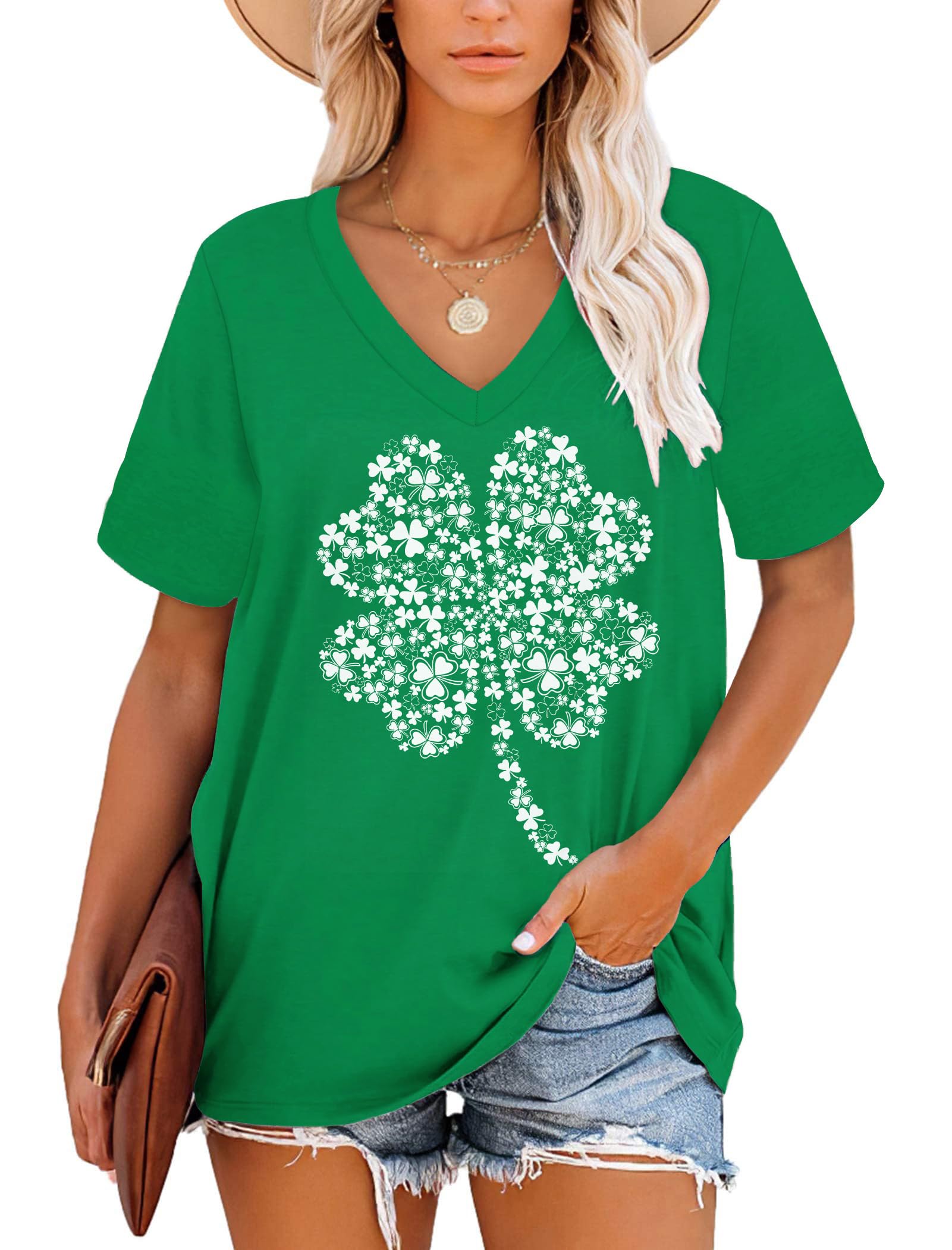 MOLERANI Women Tshirts Short Sleeve V Neck Striped Summer Tops Casual Loose Tee Four Leaf Clover Size 6-8