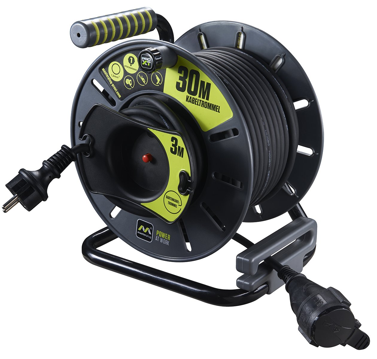 Masterplug Pro-XT Enrouleur Câble 8m 4 Prises EU - Rallonge Électrique 16A Haute Visibilité