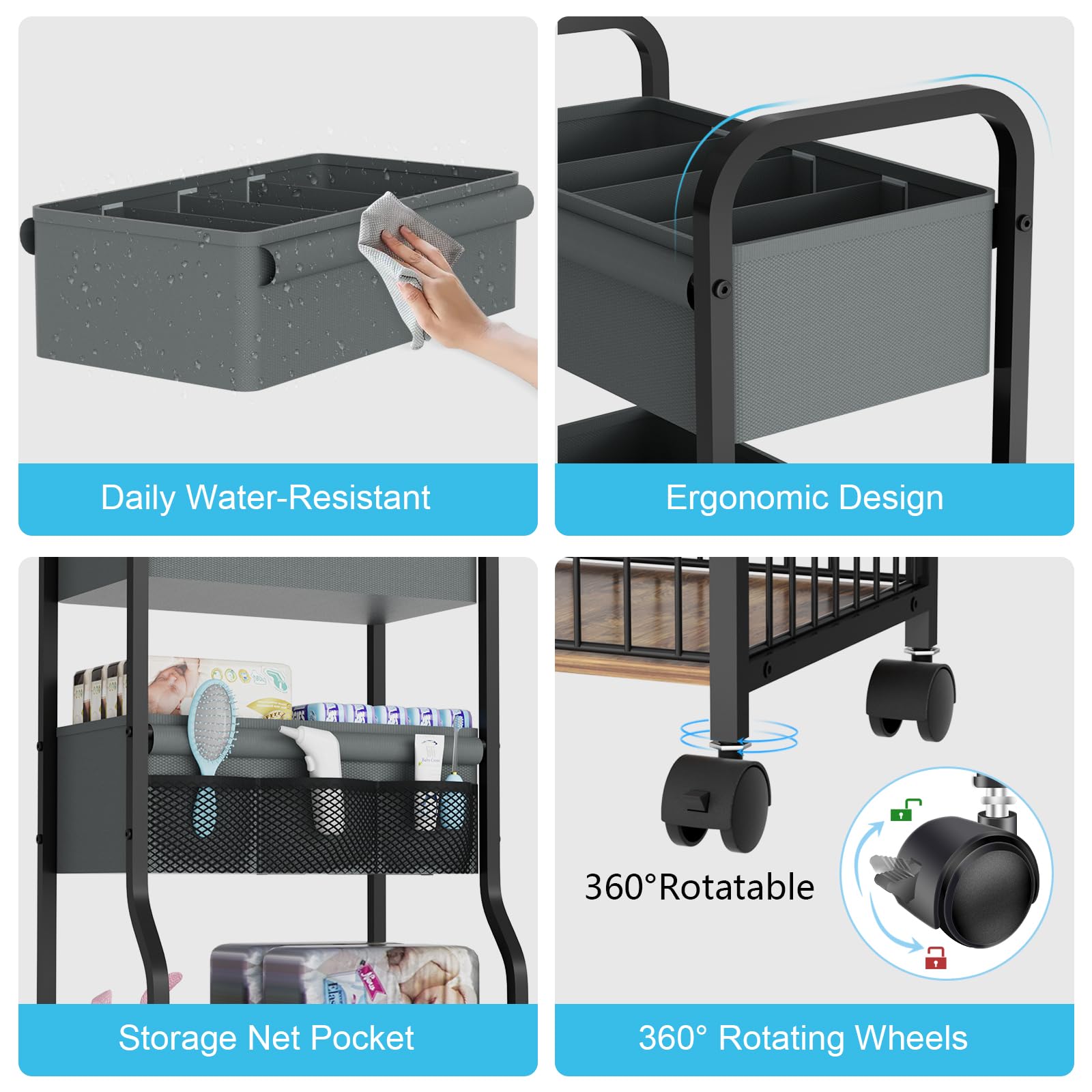 Organizador de pañales para bebé y carrito de almacenamiento con 4 + 3 divisores, carrito de pañales rodante de 3 niveles, carrito de noche para artículos esenciales del bebé con ruedas para