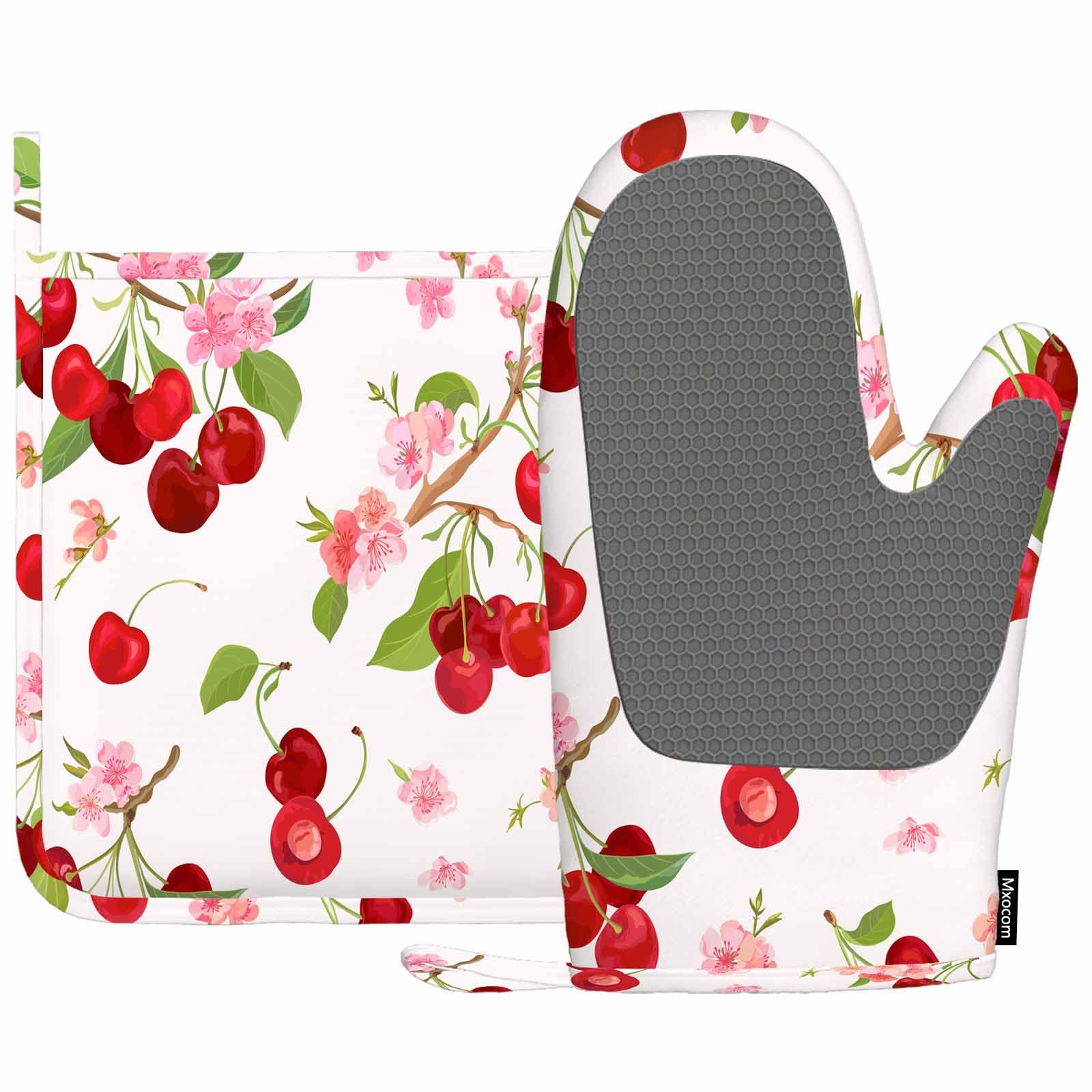 MxocomWatercolor Cherry Oven Mitts and Pot Holders Sets Summer Berries Fruits Leaves Flowers Silicone Heat Resistant Kitchen Oven Gloves Pot Holder for Cooking