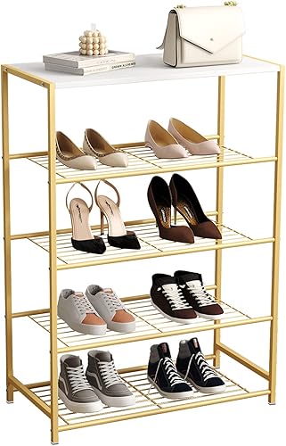 Miniatura 1 de JEROAL Zapatero de 5 niveles con superficie de madera, color dorado