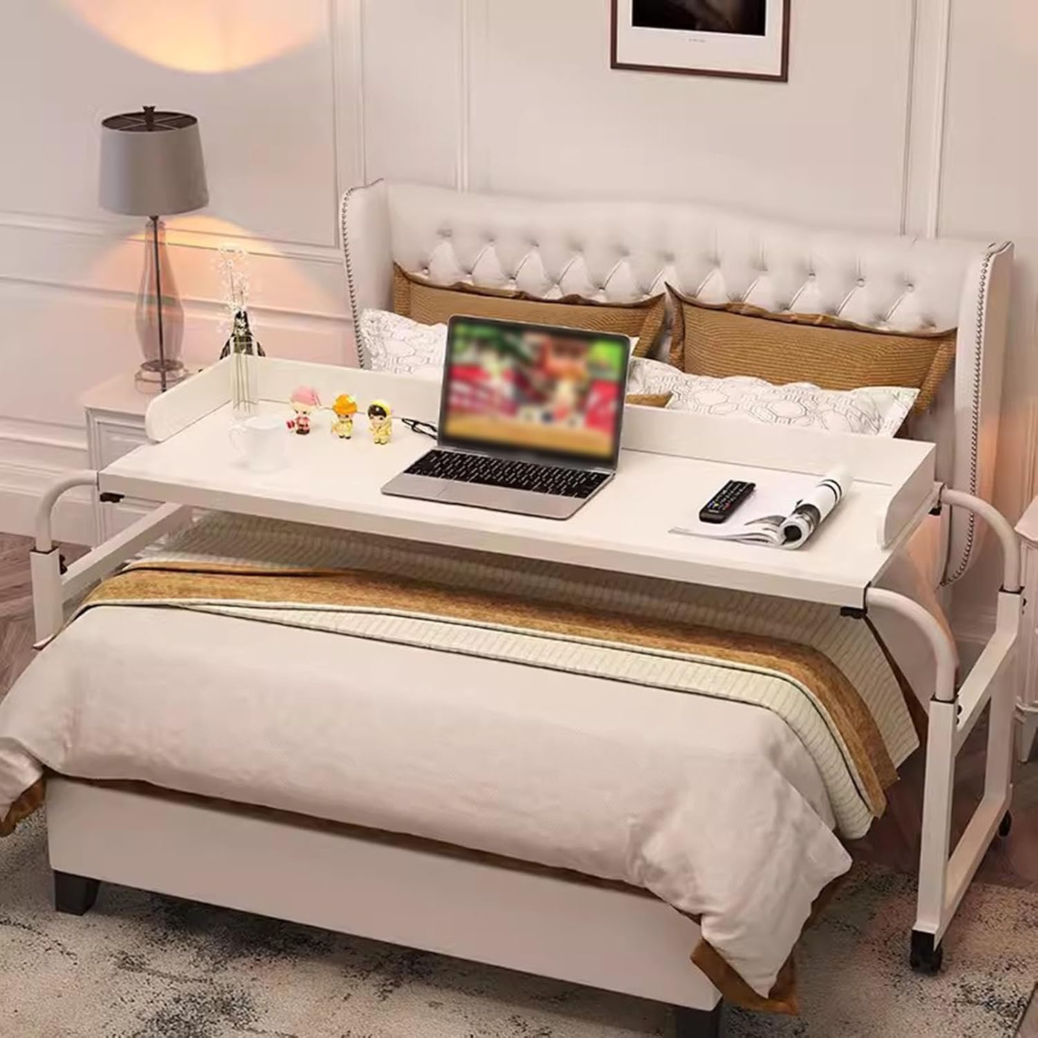 Extendable Rolling Mobility Table Over Bed,Bedtable Mobile Overbed Table,Bedside Table Adjustable Height and Length Standing King Size Portable Desk with Castor Wheels Food Tray De