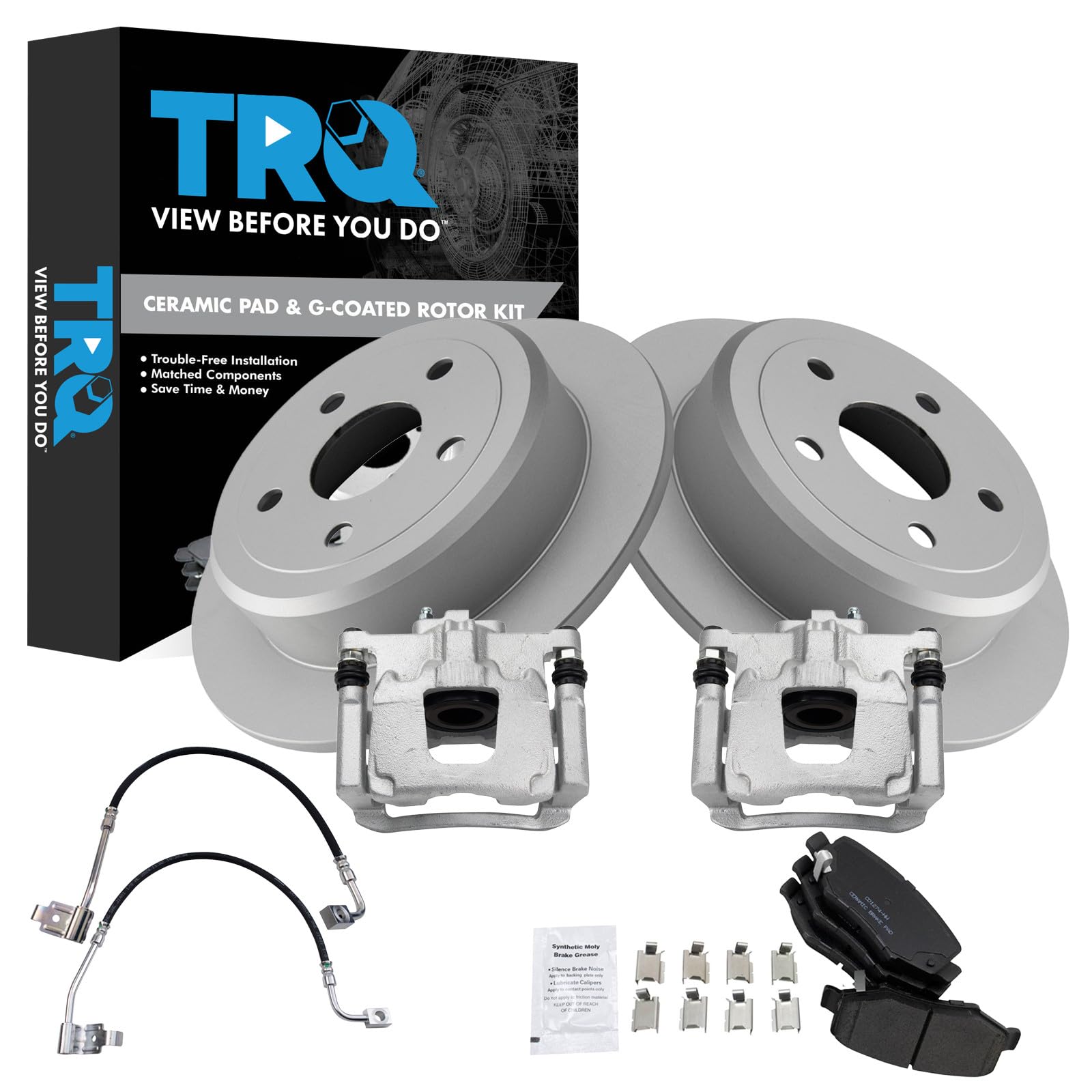 TRQ Rear Brake Pad &amp; Rotor Kit Ceramic Premium G-Coated Compatible with 2007-2013 Jeep Wrangler