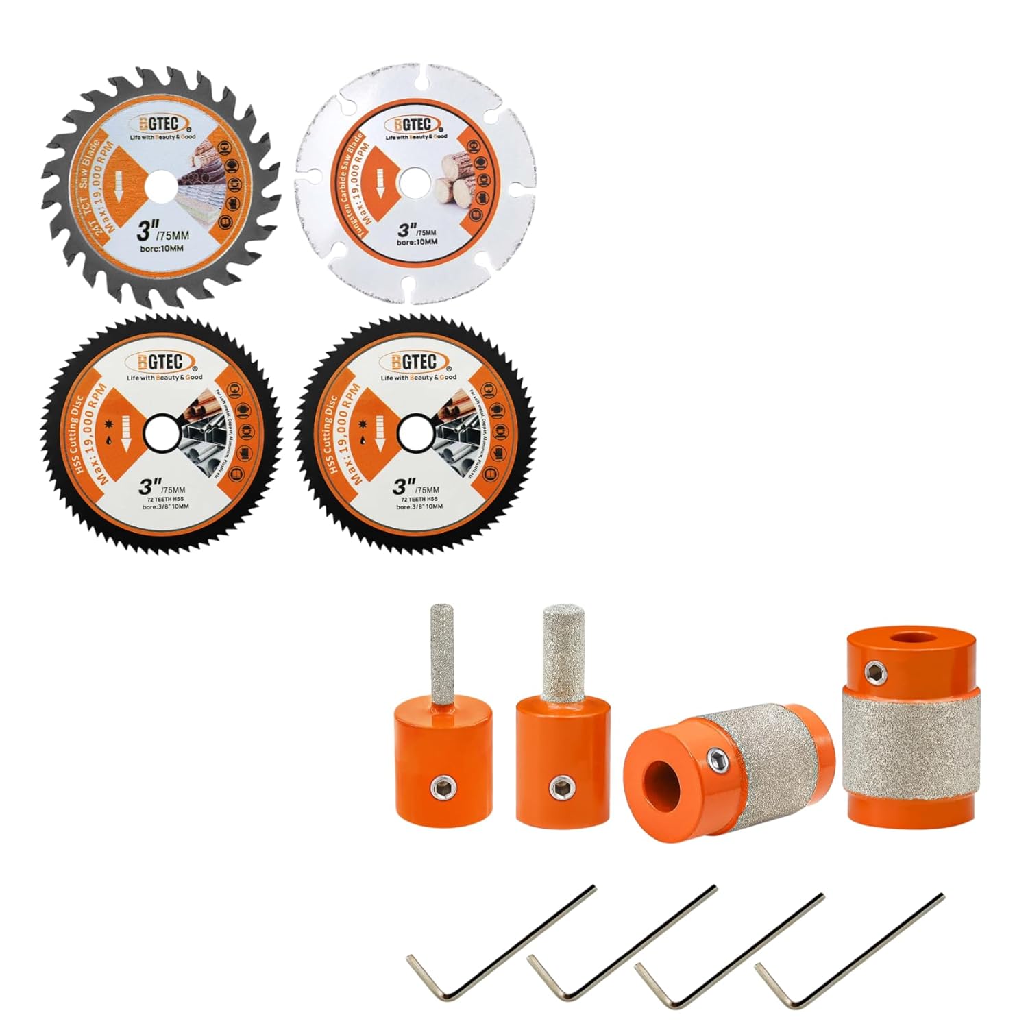 BGTEC Circular Saw Blade 4PCS 3" for Wood Plastic Metal Steel and Diamond Grinder Bit 4PCS for Stained Glass