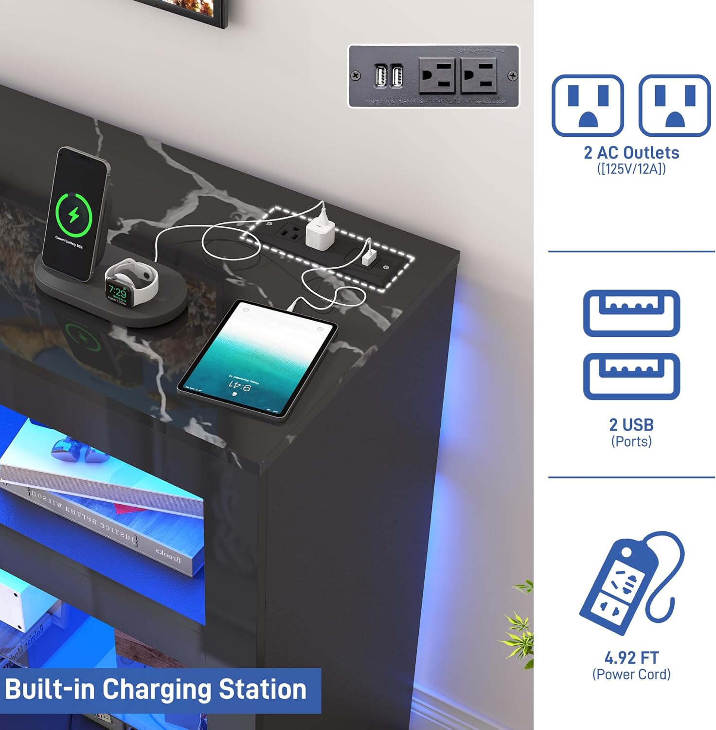 71" LED TV Stand w/Power Outlet, 31.5" Tall Entertainment Center for 75 Inch, Gaming Console with Storage, Adjustable Shelf Modern High Cabinet for Living Room Bedroom, Black Marble - Image 2