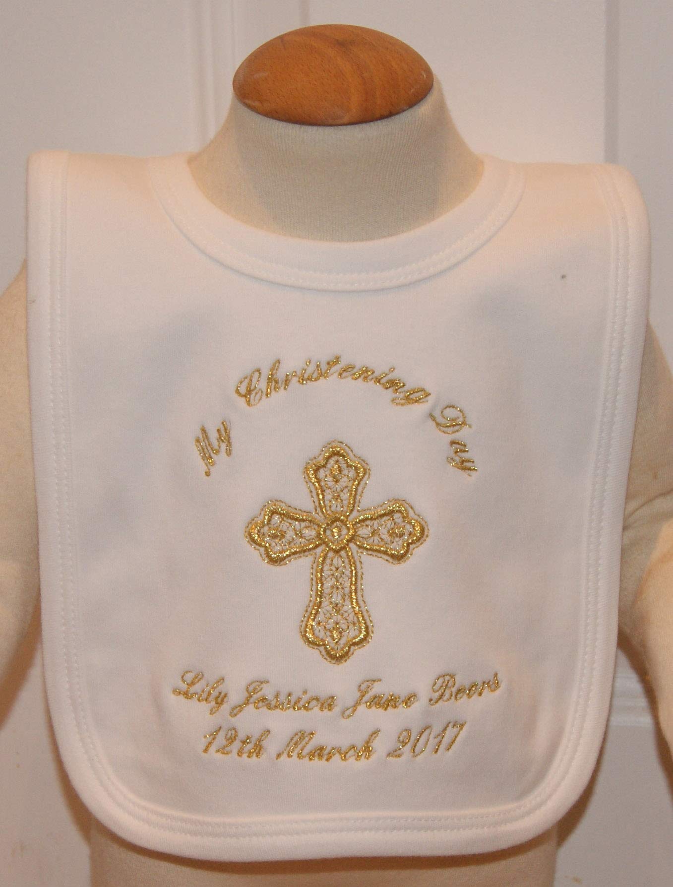 Baby’s Personalised Christening/Baptism/Naming Day Cross Bib (Gold)