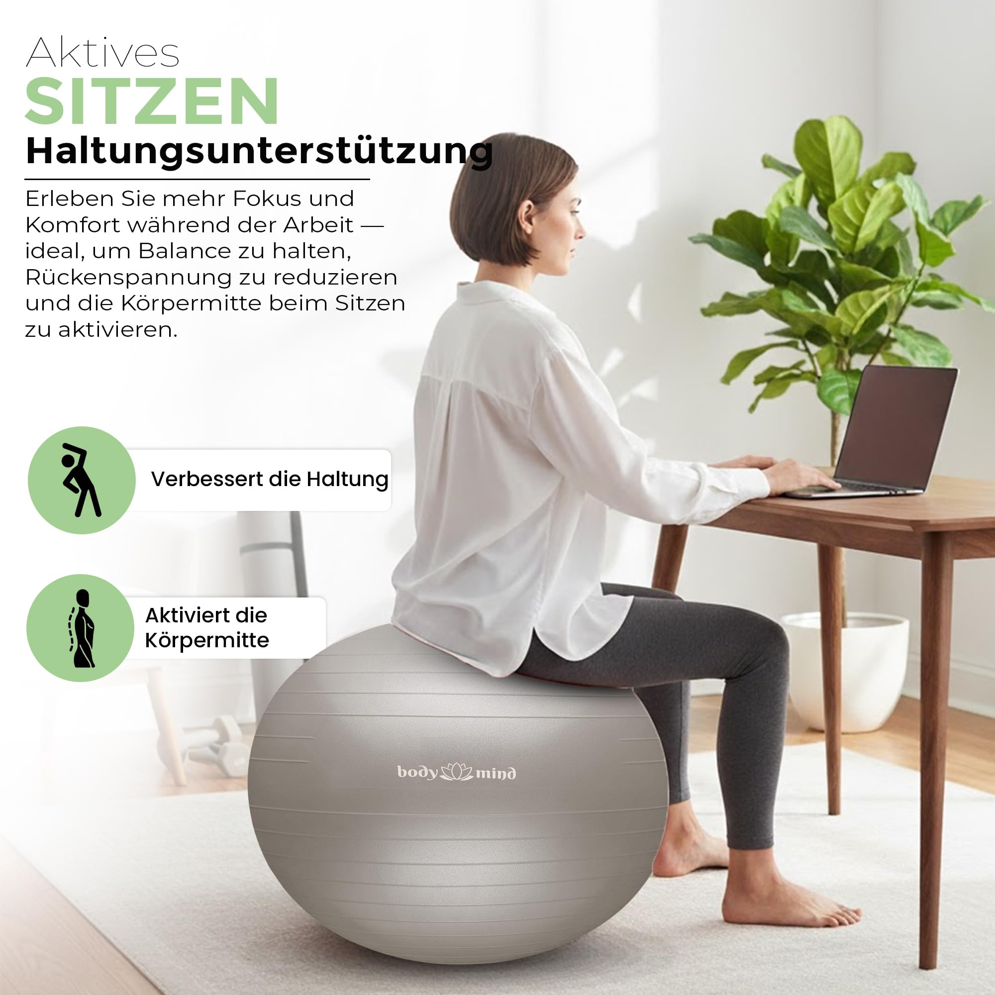 Body & Mind Gymnastikball inkl. Luftpumpe - Anti-Burst Pilates Ball, Pezziball für Schwangerschaft Ergonomischer Sitz als Büro-Stuhl, Sitzball für Yoga, Gymnastik & Workout