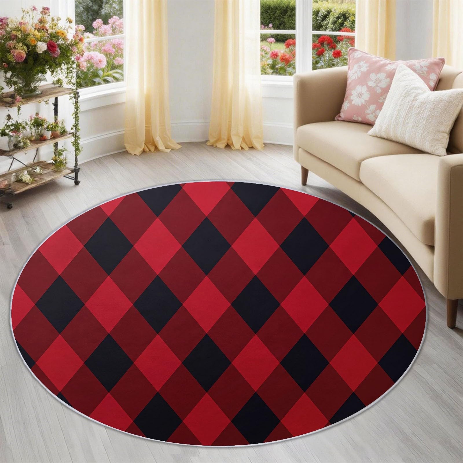 Tapis rond vichy antidérapant et lavable en machine de 120cm
