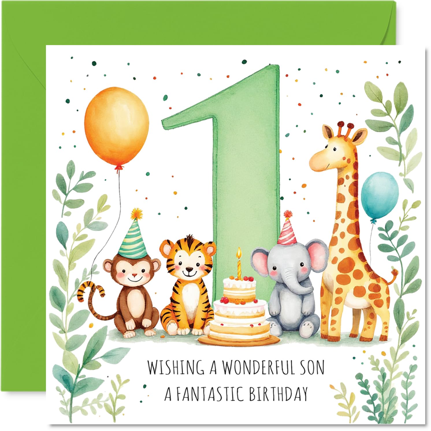 Cute 1st Birthday Card for Son - Joyful Animal Party Scene - Colourful Cake and Balloons in Playful Design - 145mm Square, Envelope Included