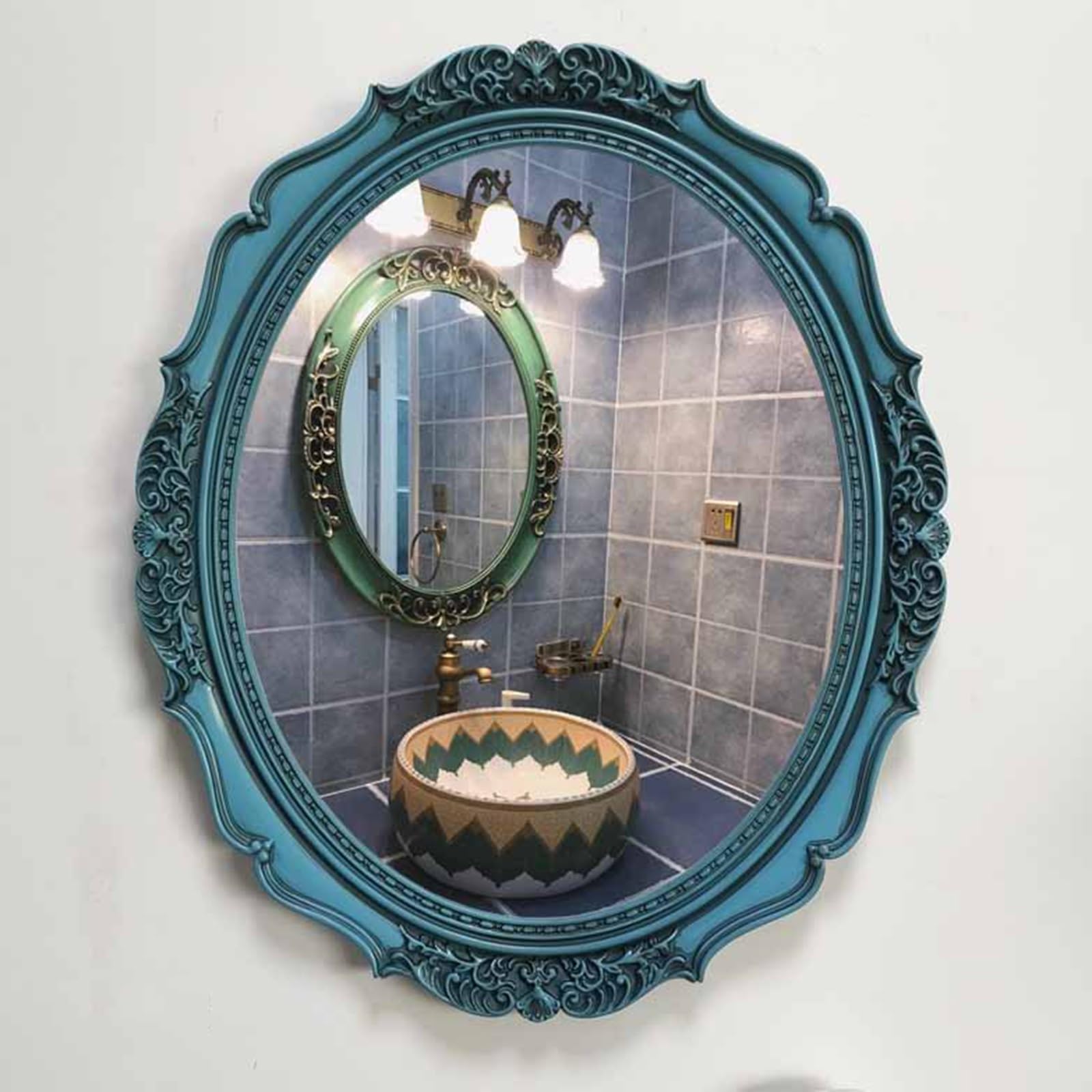 SXFSDOU Vintage Blue Oval Bathroom Mirror 61 * 50CM Wall Mounted Vanity Irregular Shape Decorative Explosion Proof High Definition