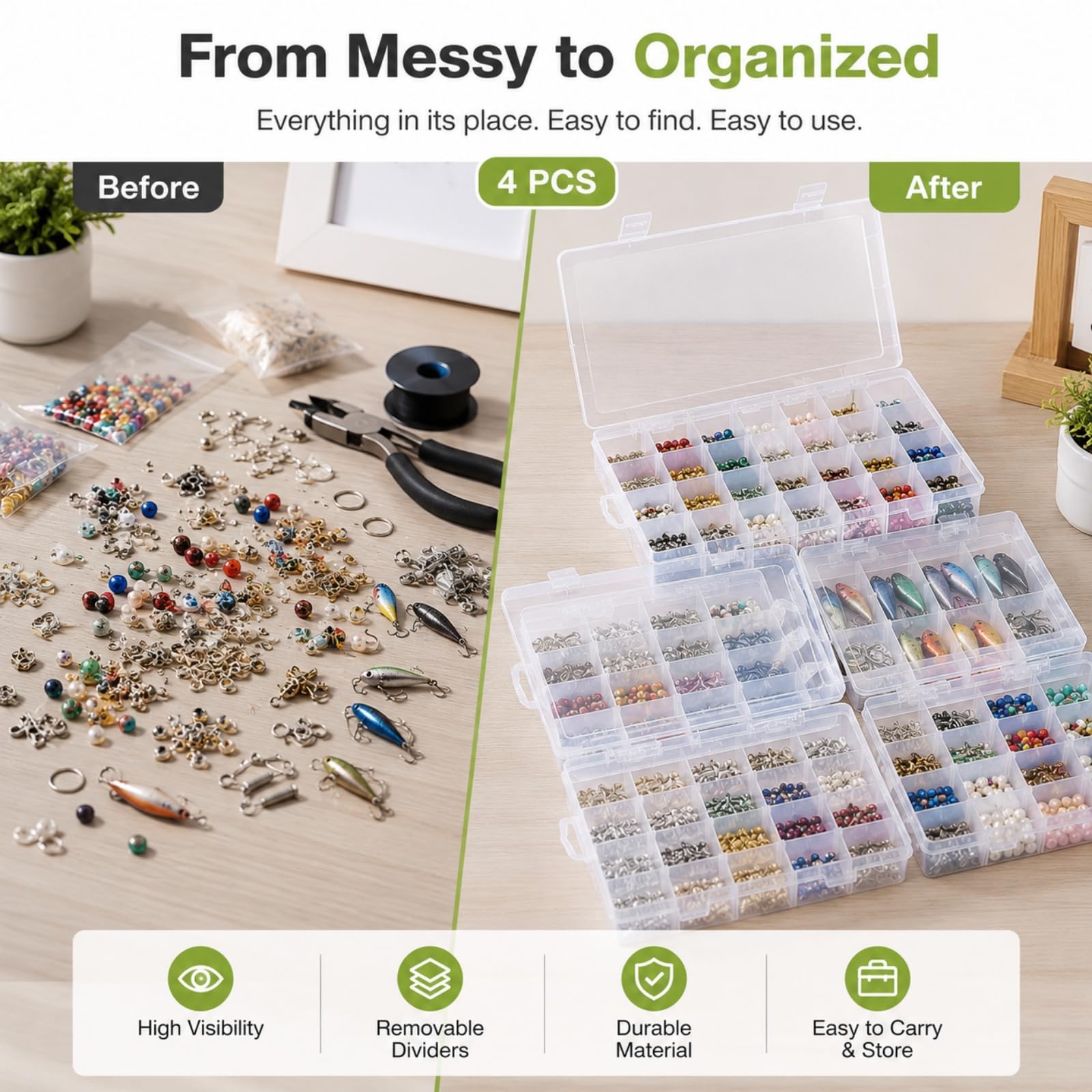 Confezione da 4 grandi scatole organizer in plastica a 24 scomparti con divisori – organizer a 24 scomparti, organizer trasparente per attrezzatura e artigianato con divisore regolabile rimovibile,