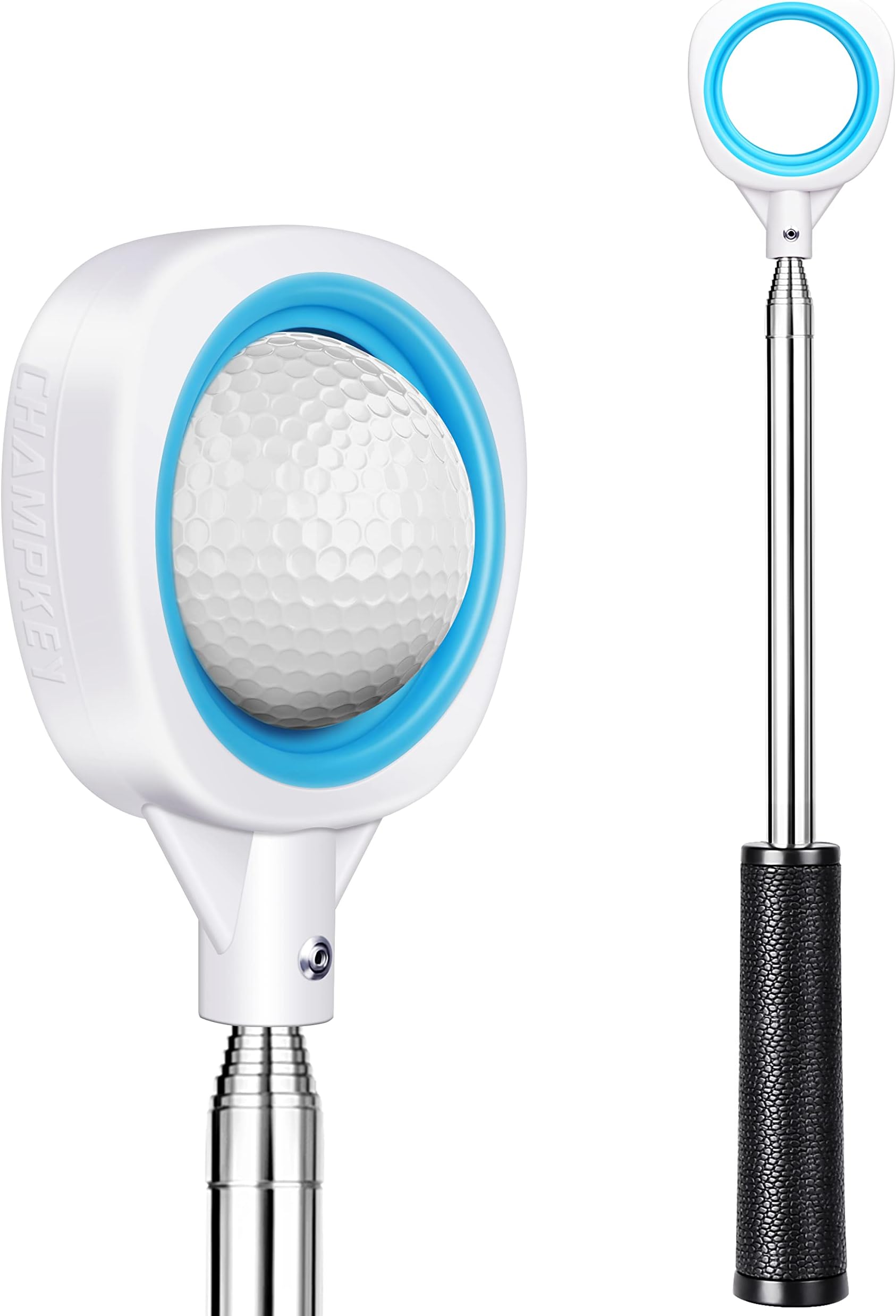 CHAMPKEY Two-Sided 6Ft / 9Ft / 12Ft / 14.5Ft Golf Ball Retriever Lite Version - Premium Stainless Steel Telescopic Golf Ball Picker (Blue, 14.5Ft)