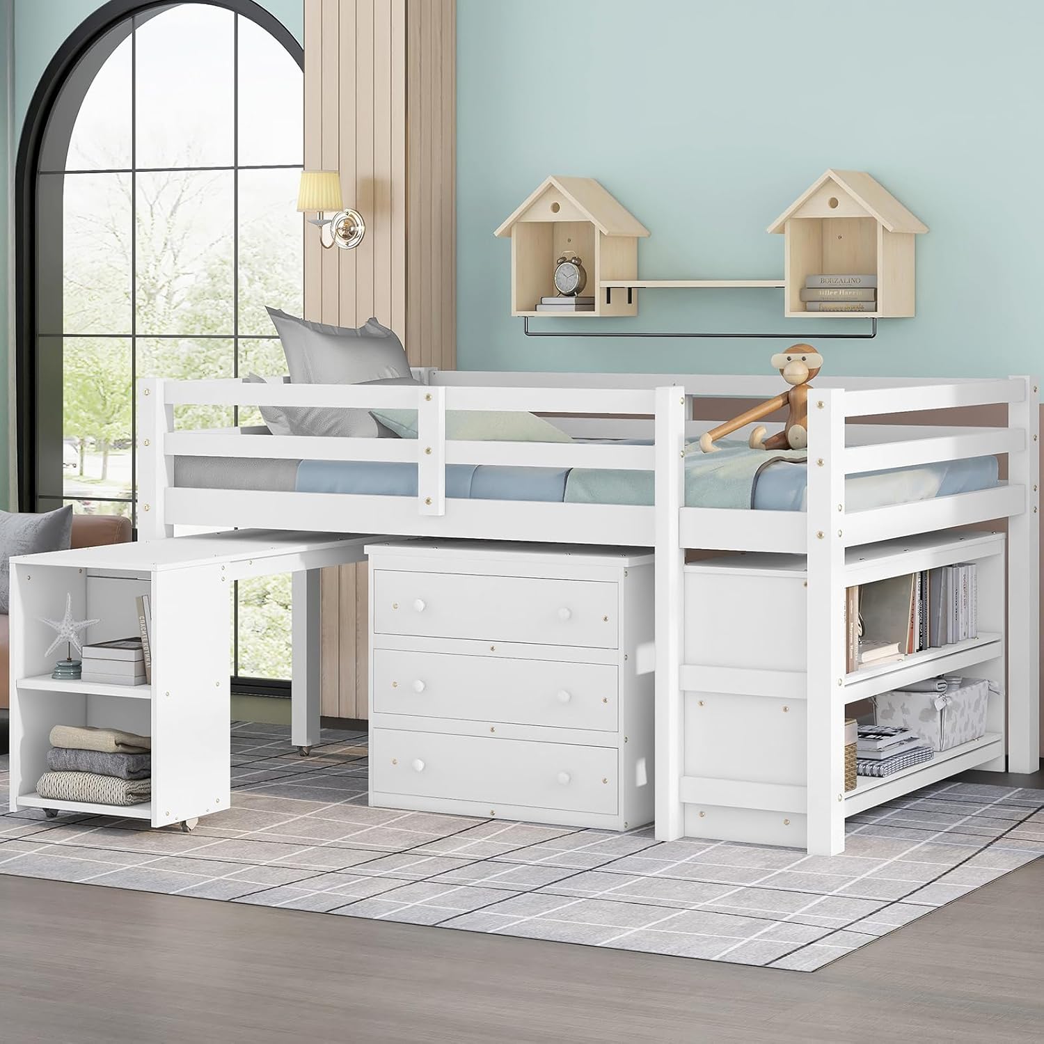 Harper & Bright Designs Full Size Low Loft Bed with Rolling Portable Desk and Storage, Solid Wood Low Loft Bed with Cabinet, Shelves, Multiple Functions Loft Bed Frame for Kids Teens Adults (White)