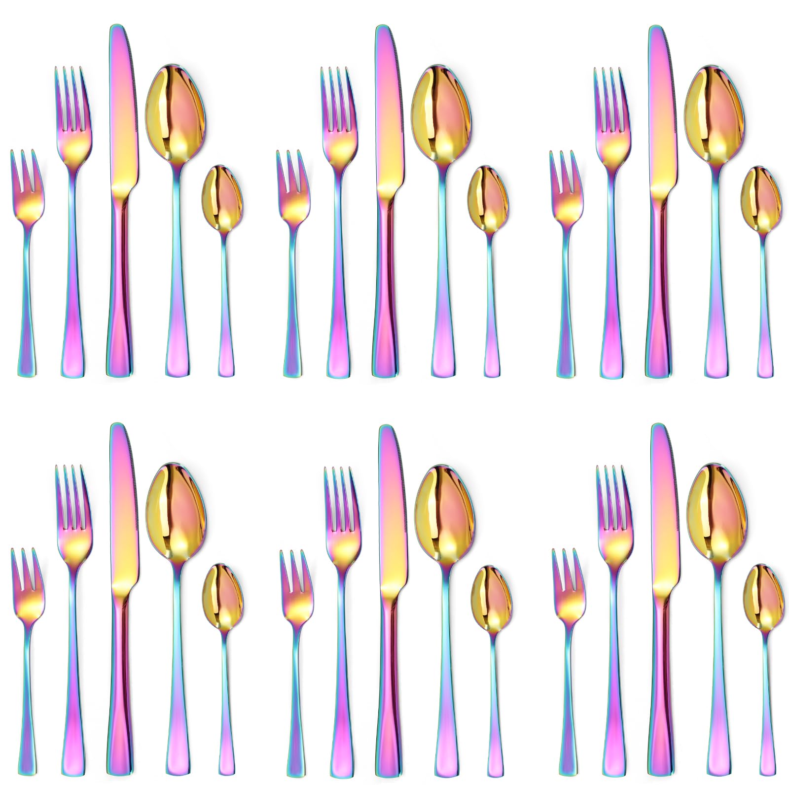 Juego de cubiertos para 6 personas, 30 piezas, multicolor, incluye cuchillo, tenedor, cuchara, cubiertos de acero inoxidable pulido con espejo, apto para lavavajillas